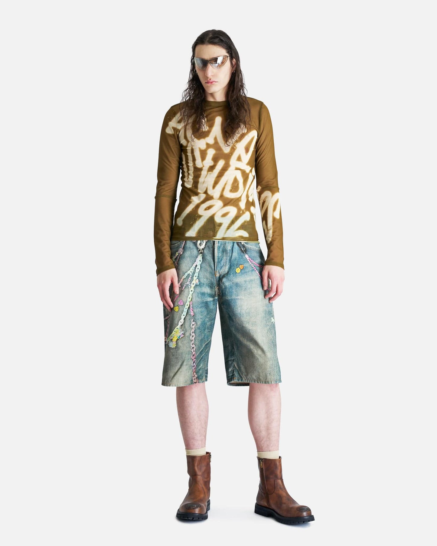 Acne Studios Men's Tops 1996 Sheer Logo Long Sleeve in Dark Khaki Green