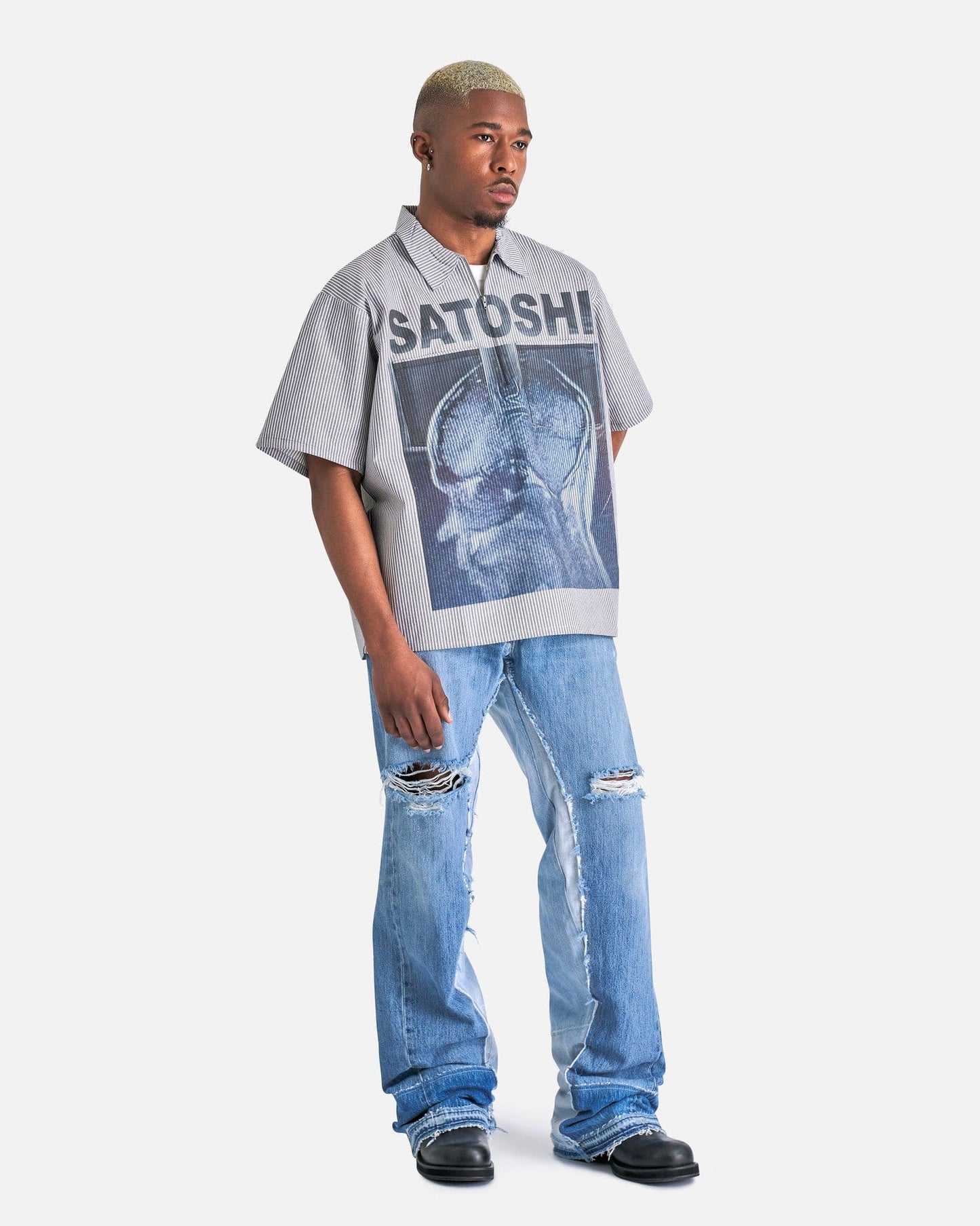 Satoshi Nakamoto Men's Shirts A Lot On My Mind Oversized Workshirt in Grey Stripes