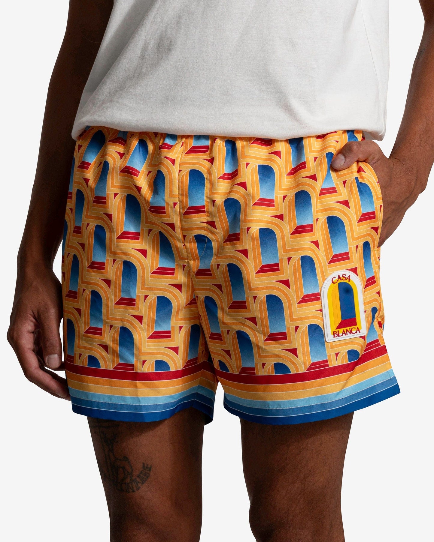 Casablanca Men's Shorts Arche de Jour Printed Swim Trunks in Yellow/Multi