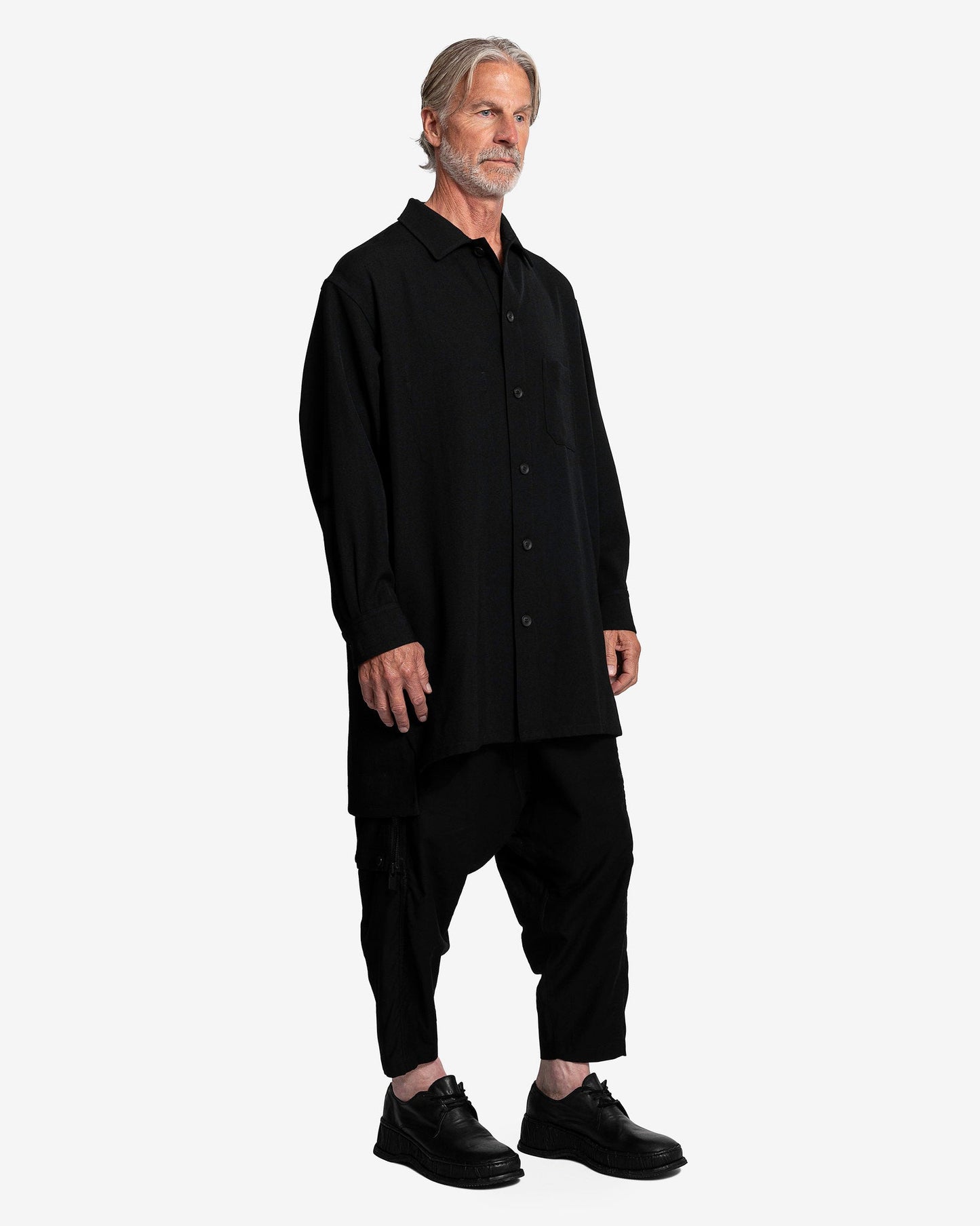 Yohji Yamamoto Pour Homme Men's Shirts Army Gabardine Open Collar in Black