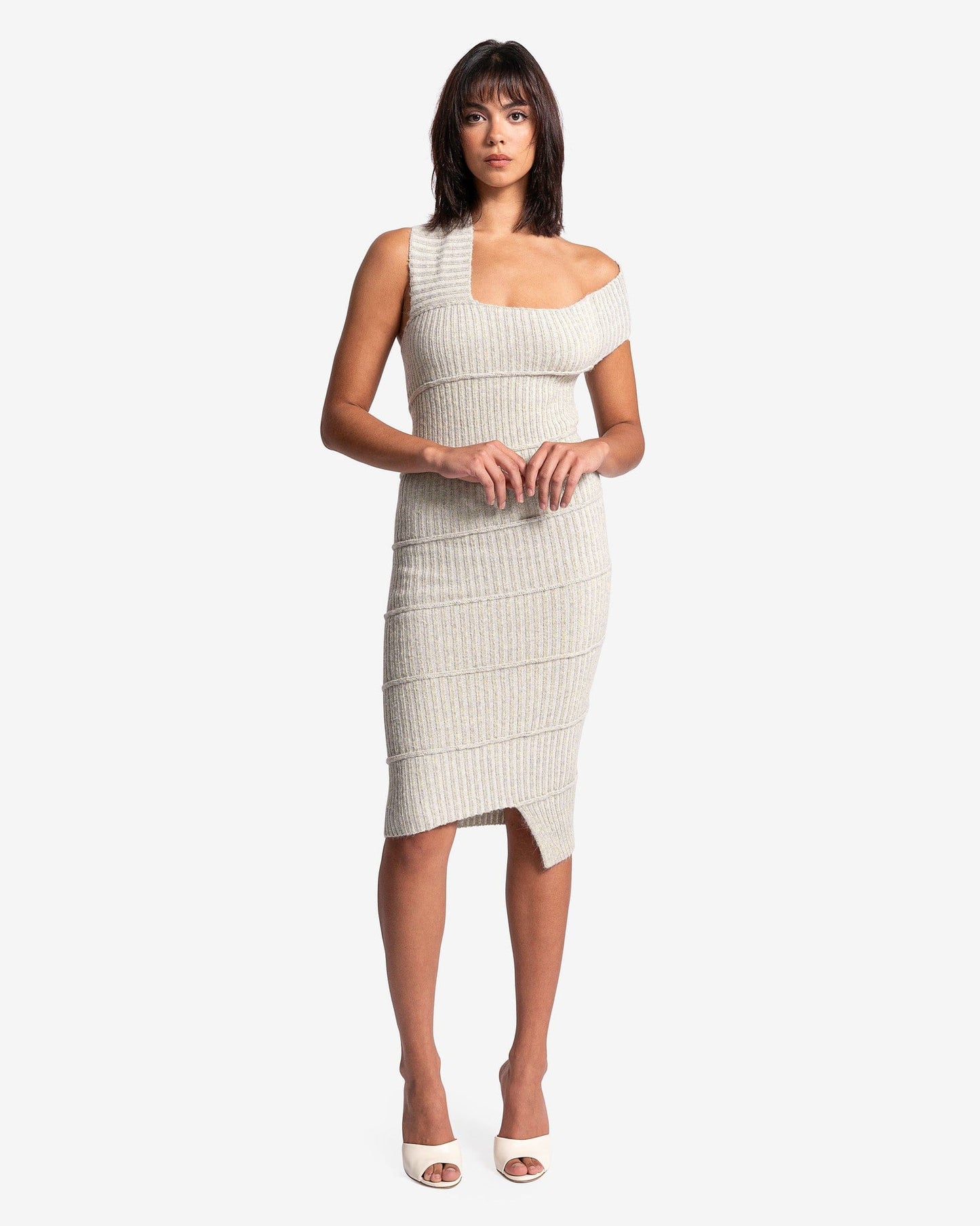 MM6 Maison Margiela Women Dresses Asymmetric Rib-Knit Midi Dress in Grey