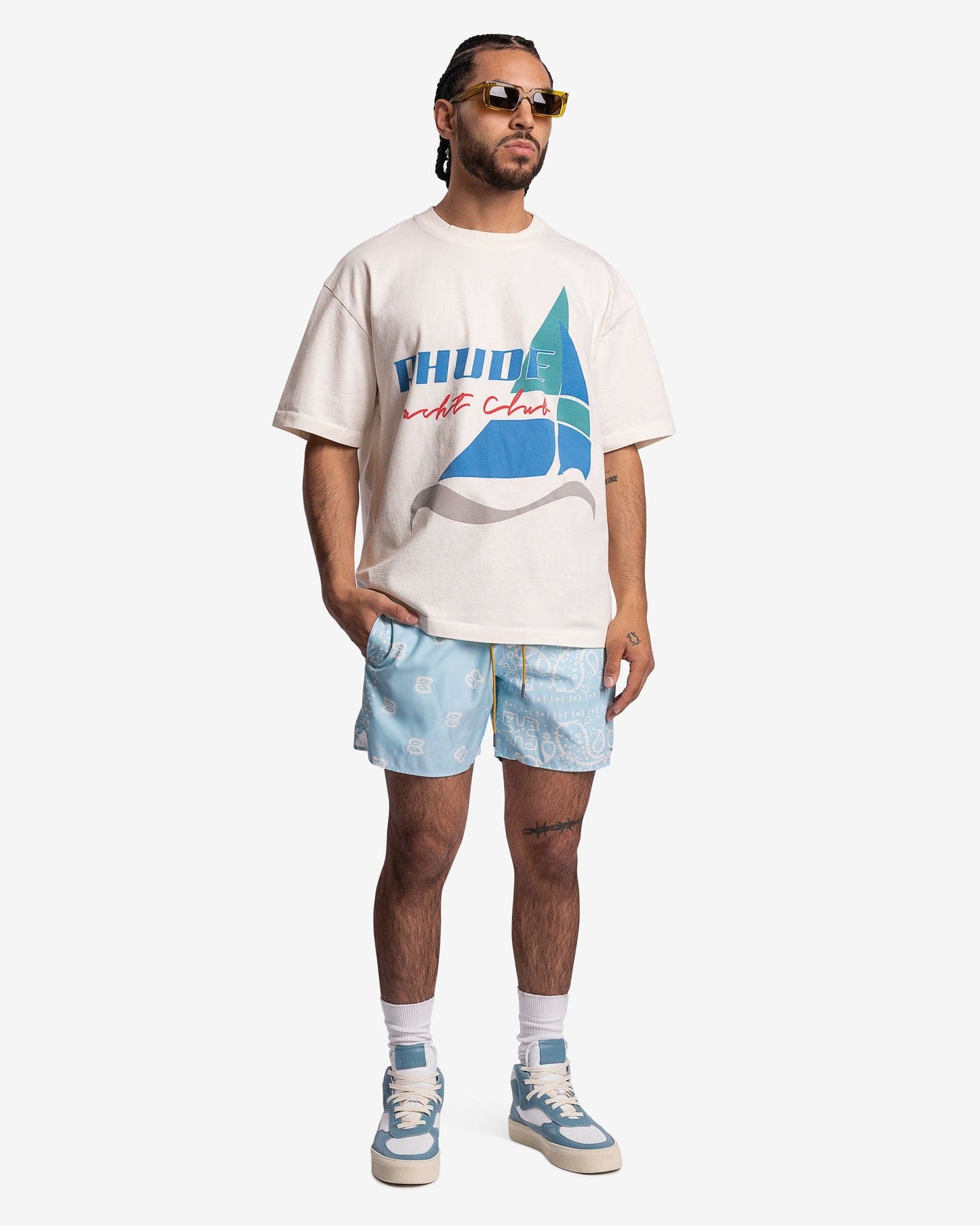 Rhude Men's Shorts Bandana Swim Trunks in Sky/Creme