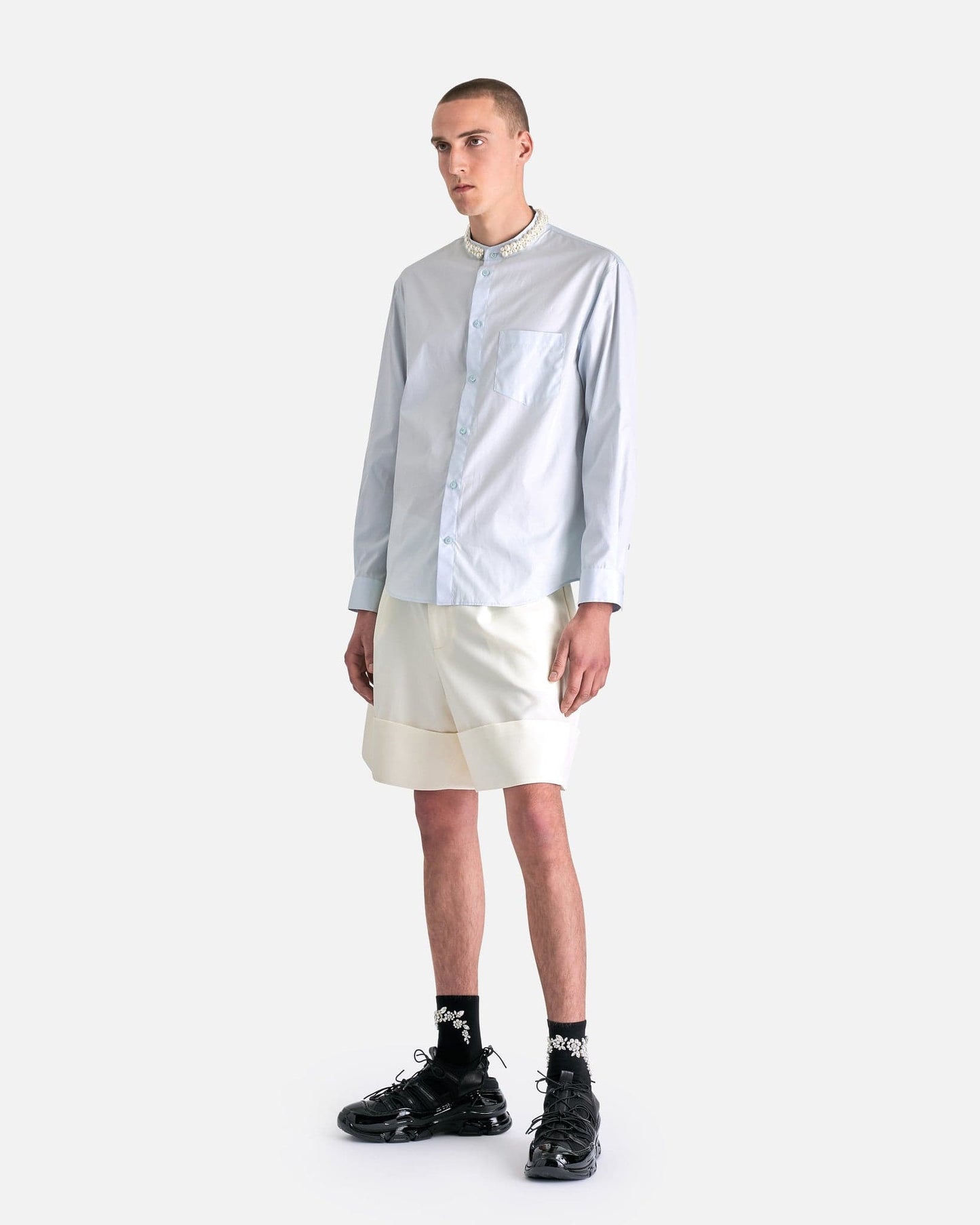 Simone Rocha Men's Shirts Beaded Grandad Shirt in Baby Blue/Pearl