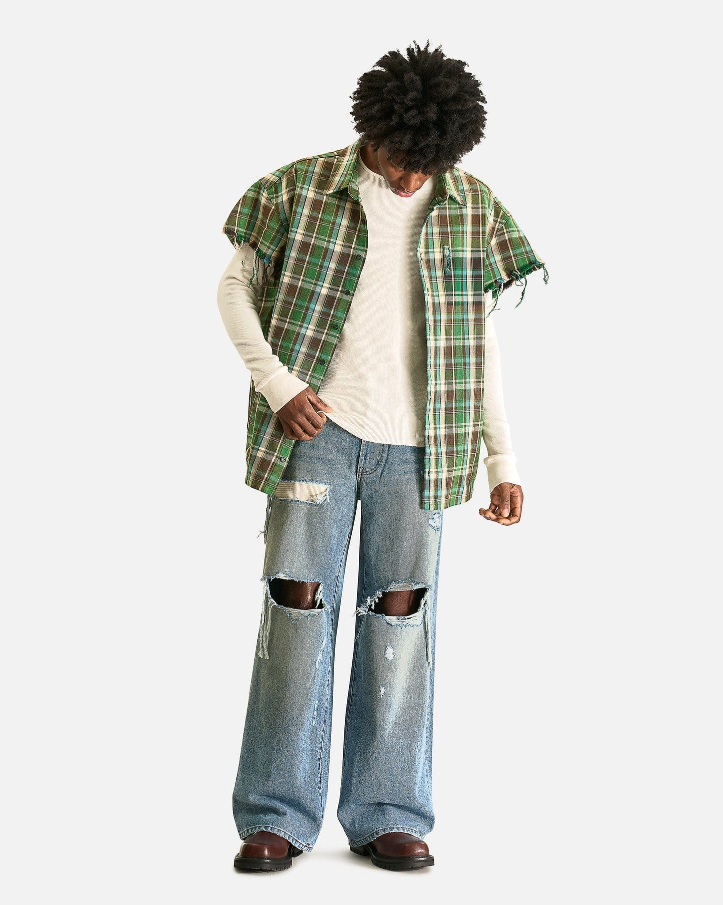 Satoshi Nakamoto Men's Shirts Bender Cut Off Fannel in Green Plaid