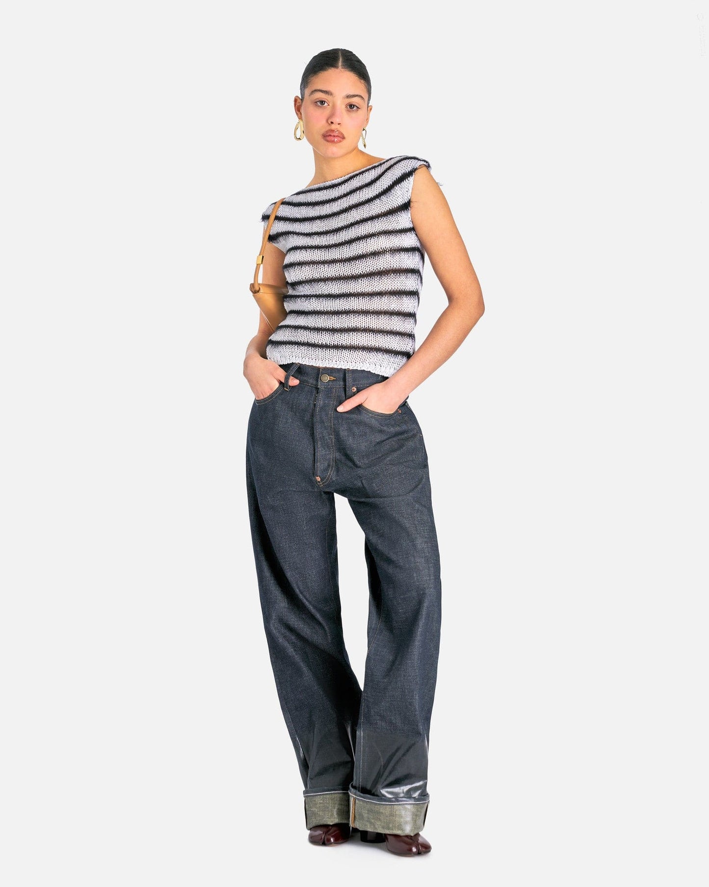 Marni Women's Sweater Bicolor Brushed Stripes Roundneck Sweater in Lily White