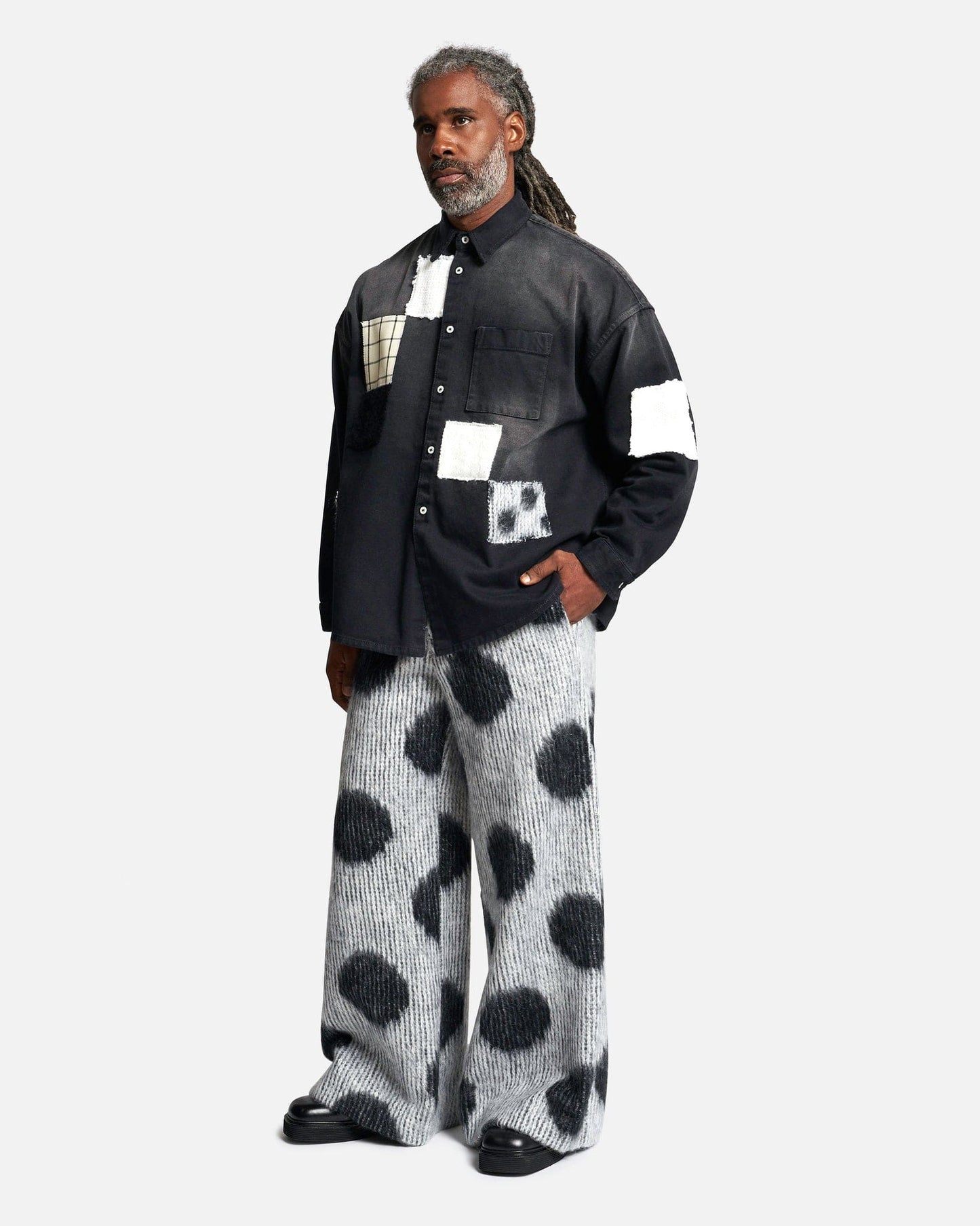 Marni Men's Shirts Black Bull Denim Shirt with Patterned Patches