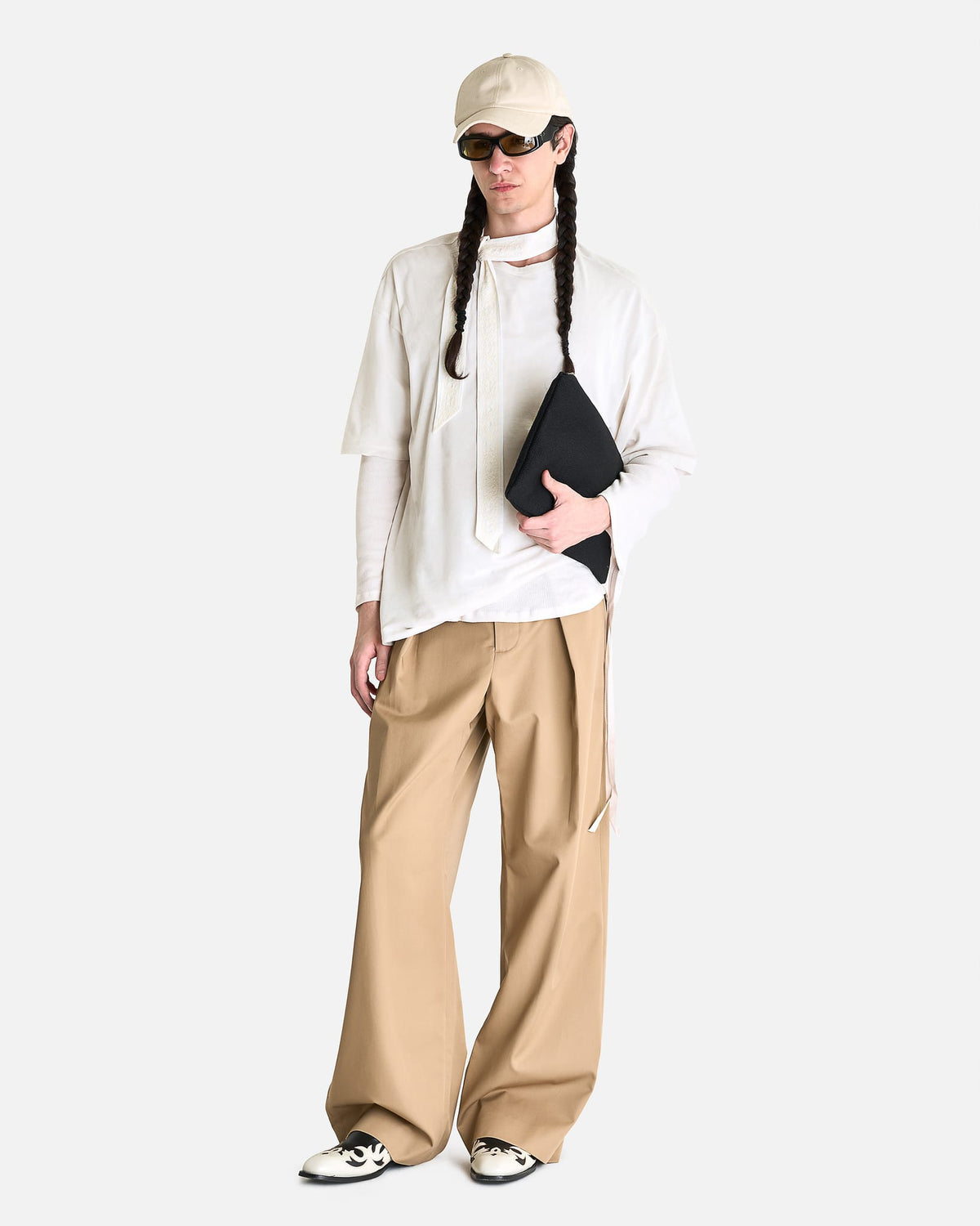 Ann Demeulemeester Men's Pants Botel Wide Leg Pleated Trousers in Sand