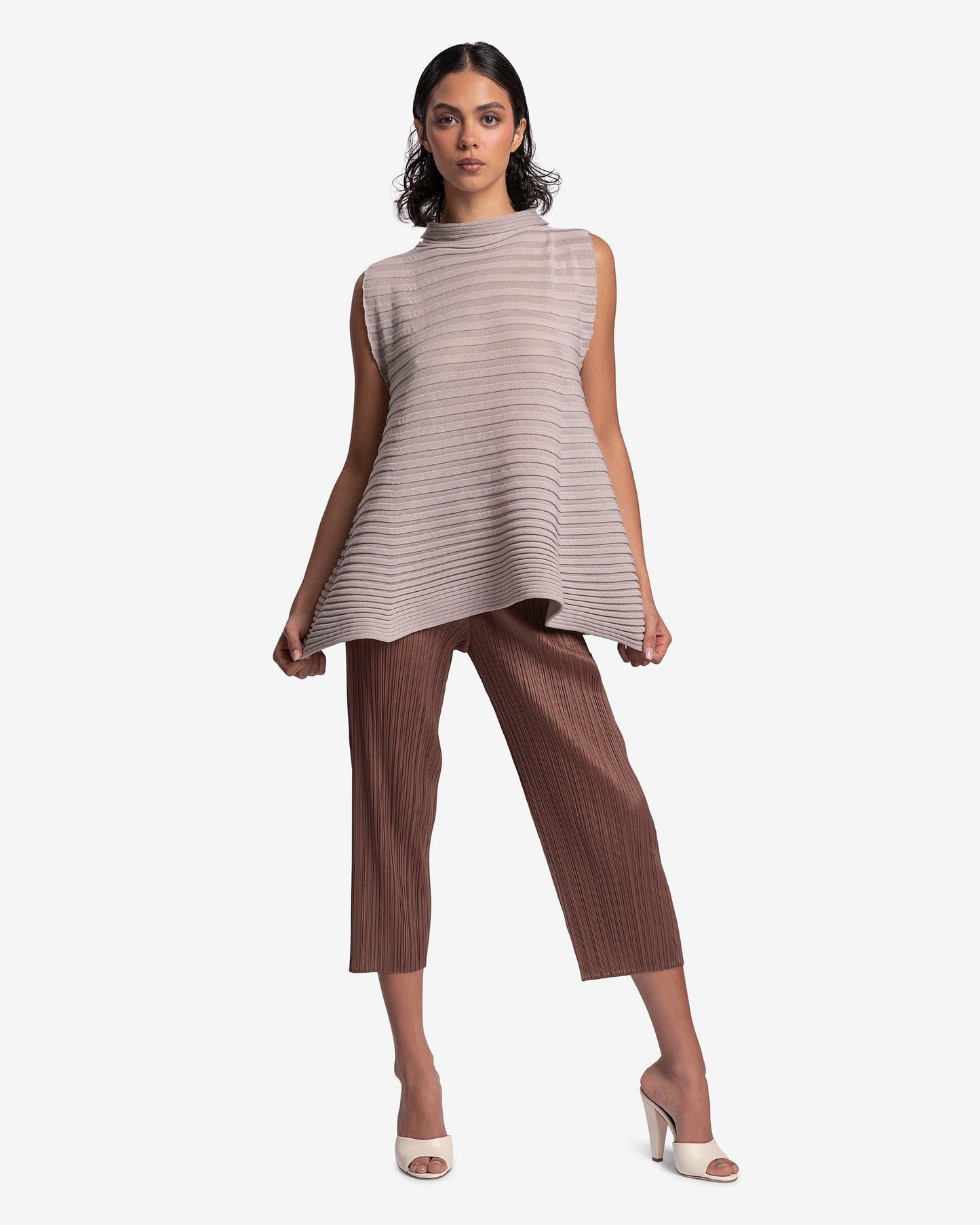 Pleats Please Issey Miyake Women Tops O/S Bounce Knit Top in Beige