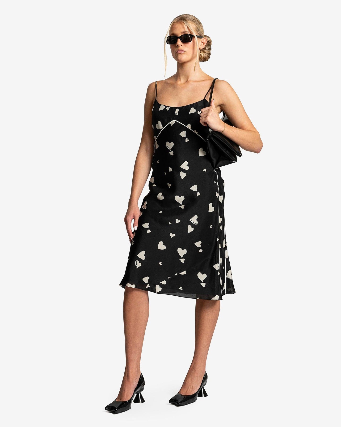 Marni Women Dresses Bunch of Hearts Silk Habotai Dress in Black