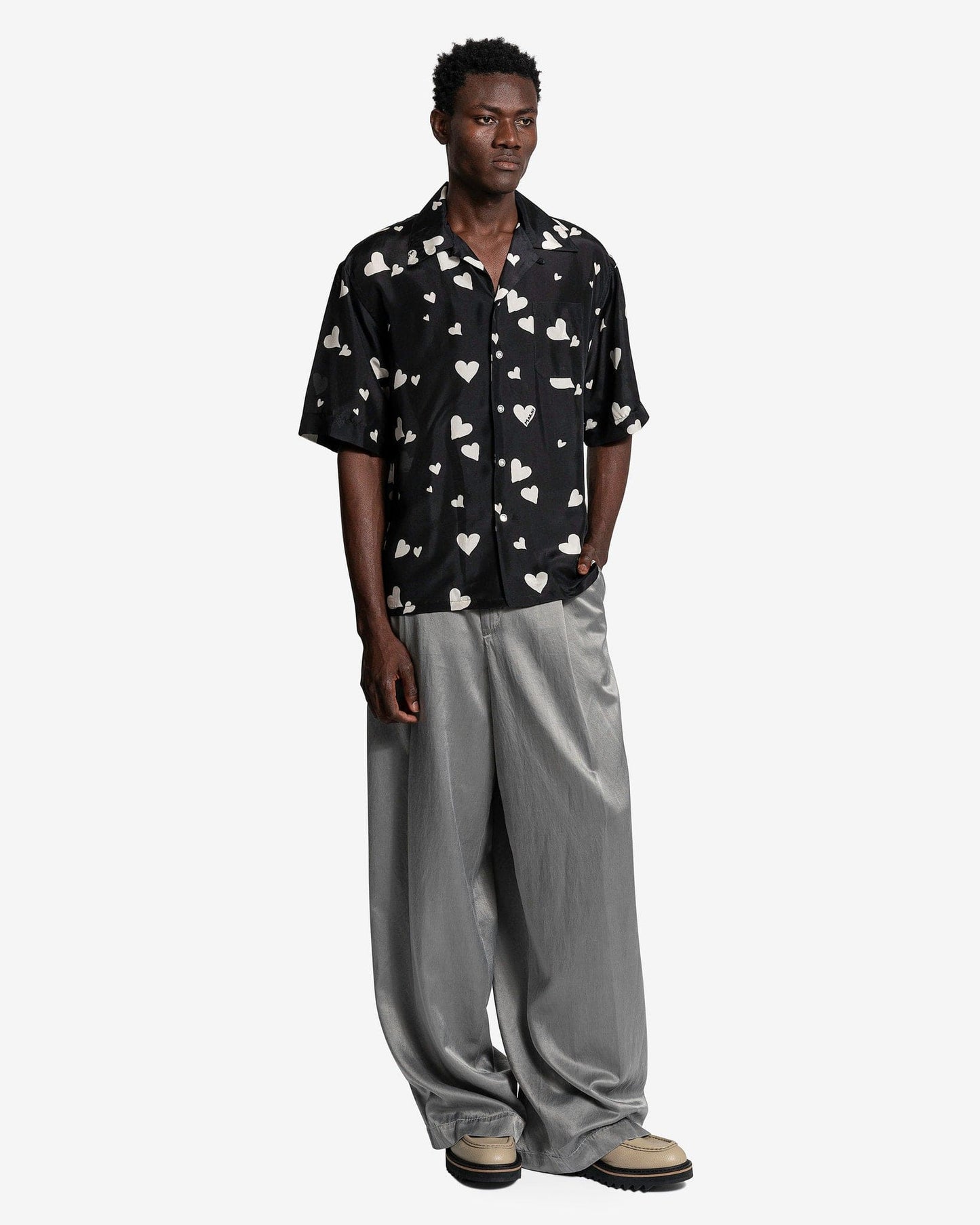 Marni Men's Shirts Bunch of Hearts Silk Shirt in Black