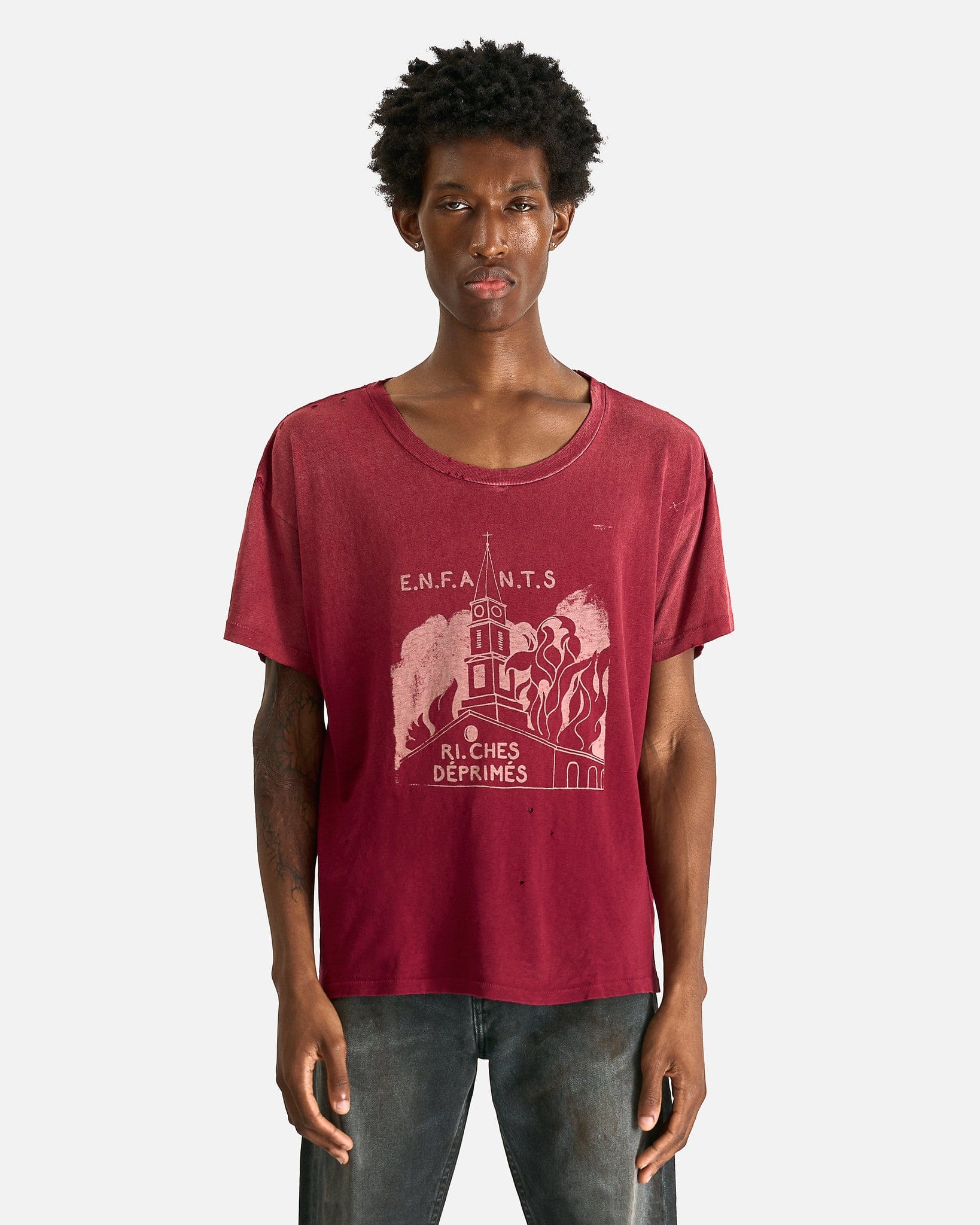 Enfants Riches Deprimes Men's T-Shirts Burning Church T-Shirt in Dark Scarlet
