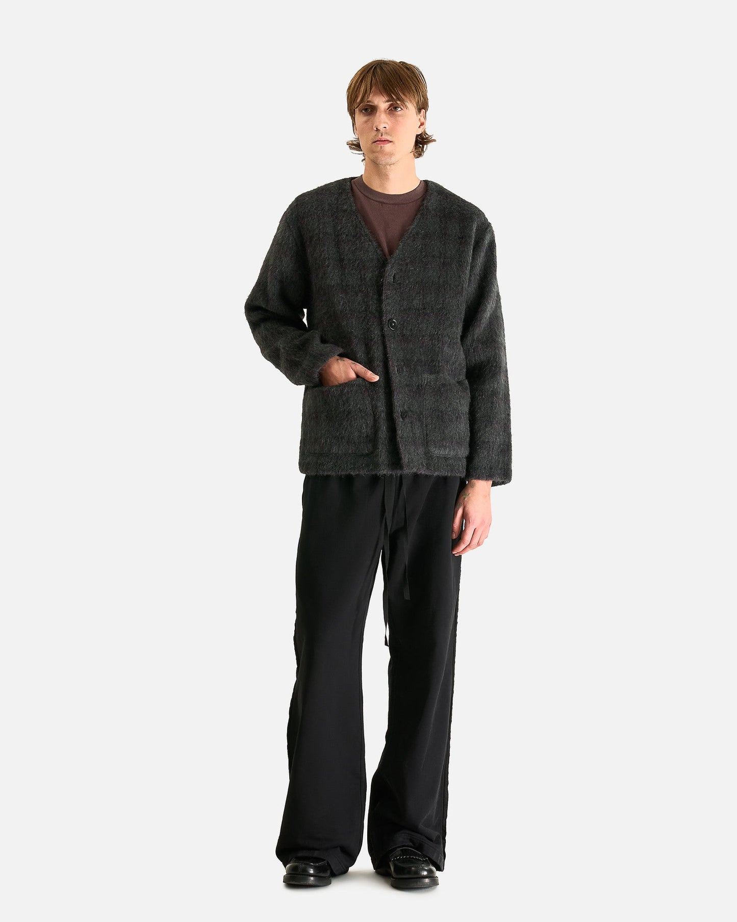 Our Legacy Men Sweaters Cardigan in Fuzzed Plum Check Hairy Wool