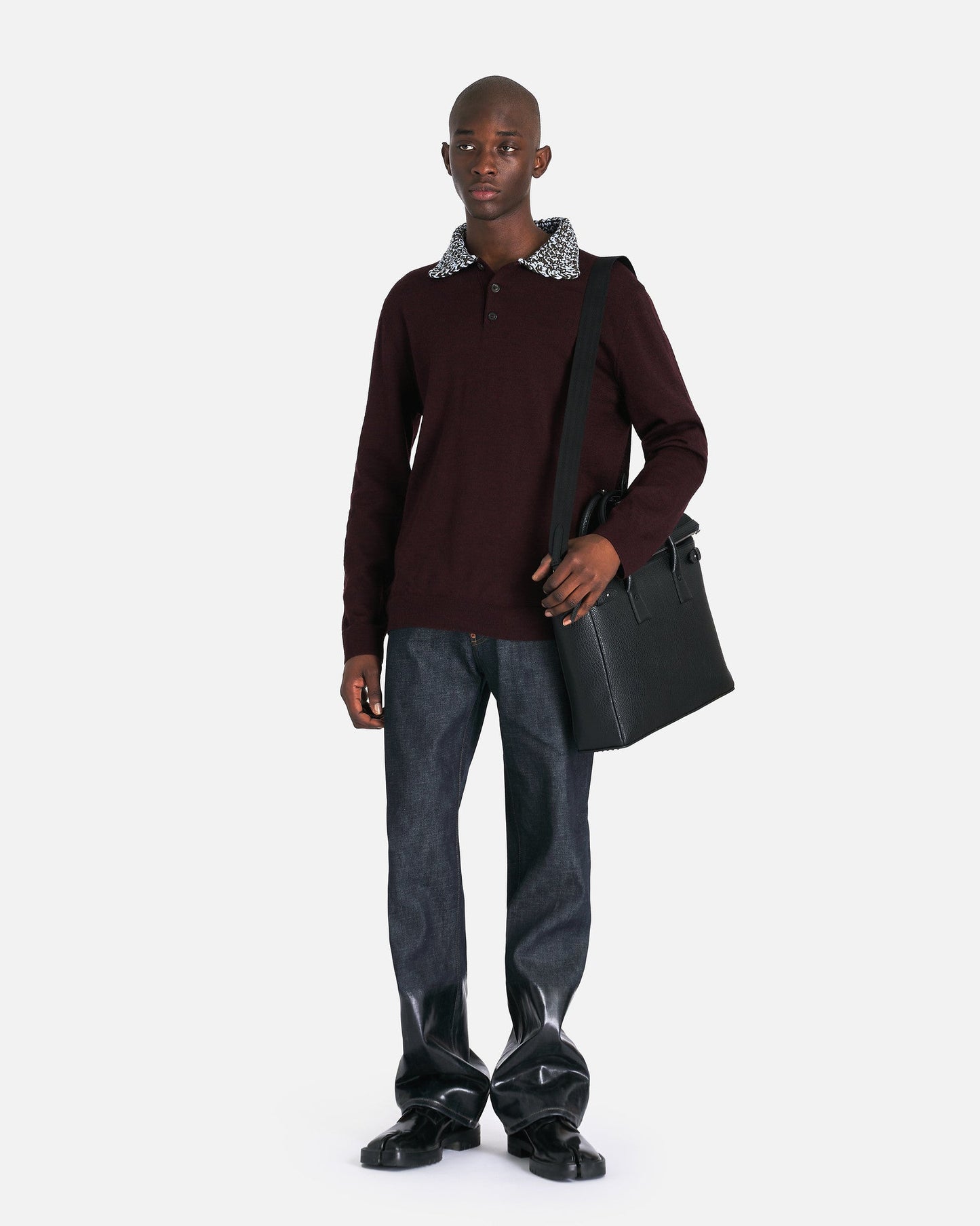 Maison Margiela Men's Shirts Chunky Detail Knit Polo Shirt in Burgundy