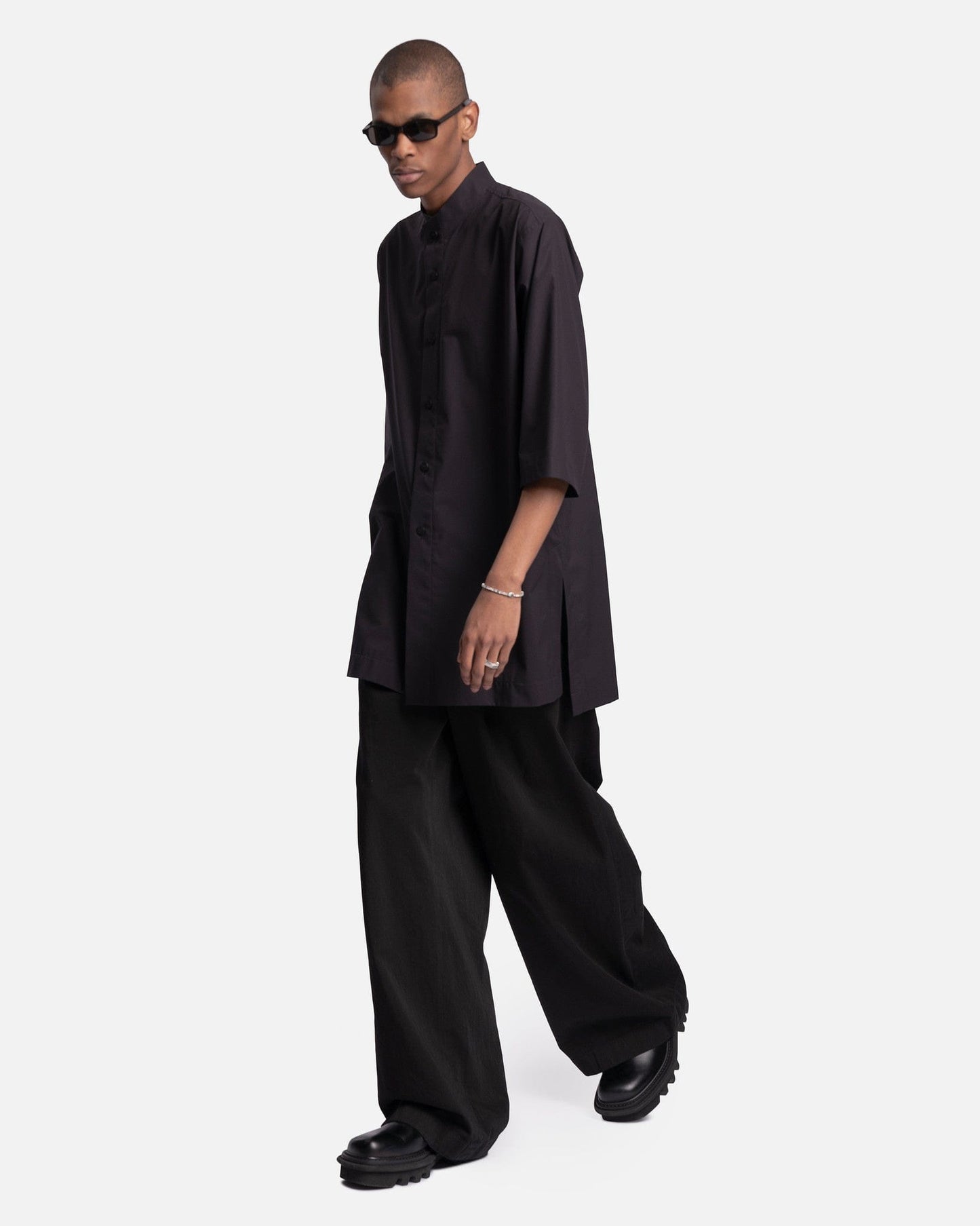 Homme Plissé Issey Miyake Men's Shirts Collarless Stretch Shirt in Black