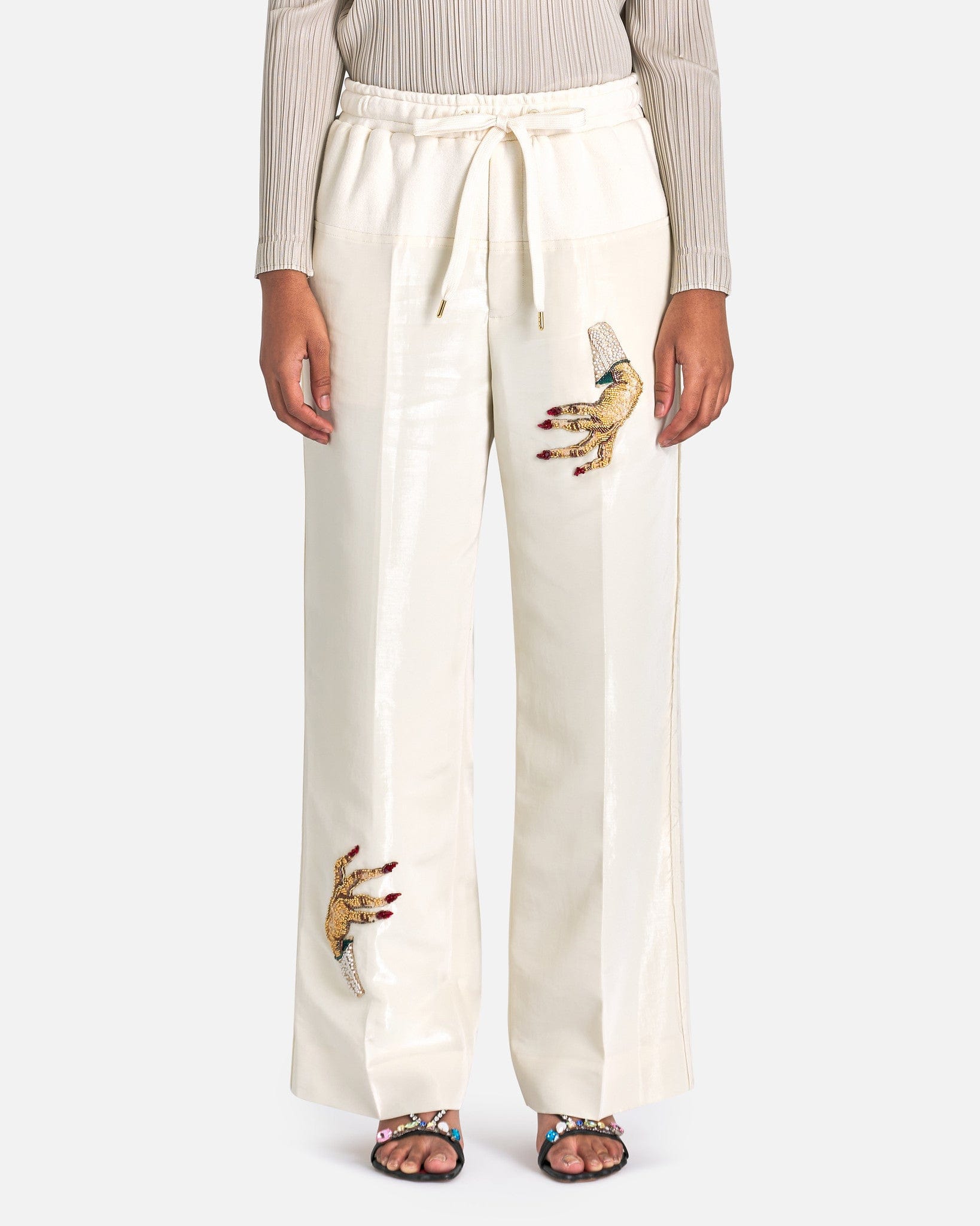 D-Hand Embroidered Suit Pants in Ivory  SVRN