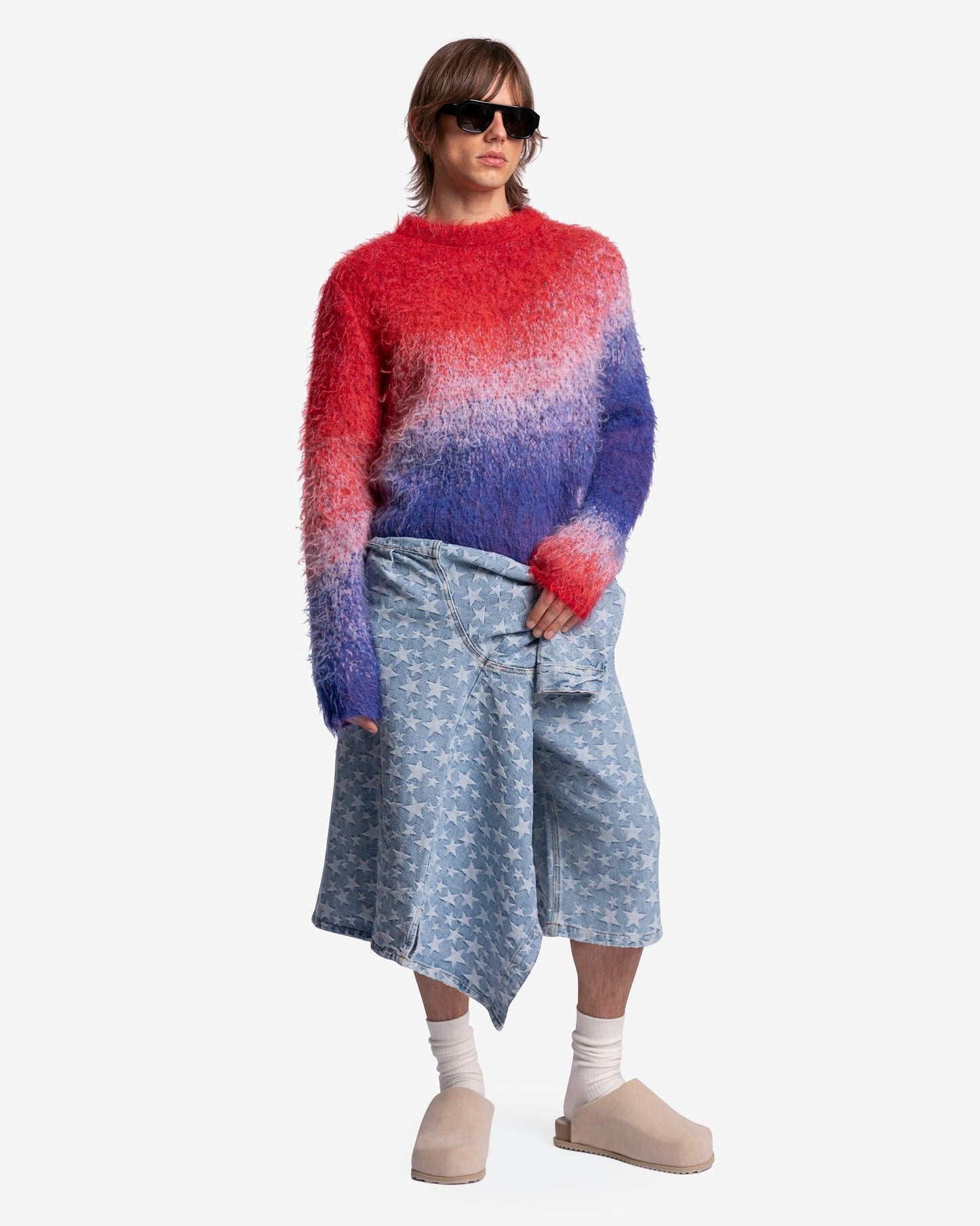 ERL Men's Sweater Degrade V-Neck Knit Sweater in Blue/Red/White