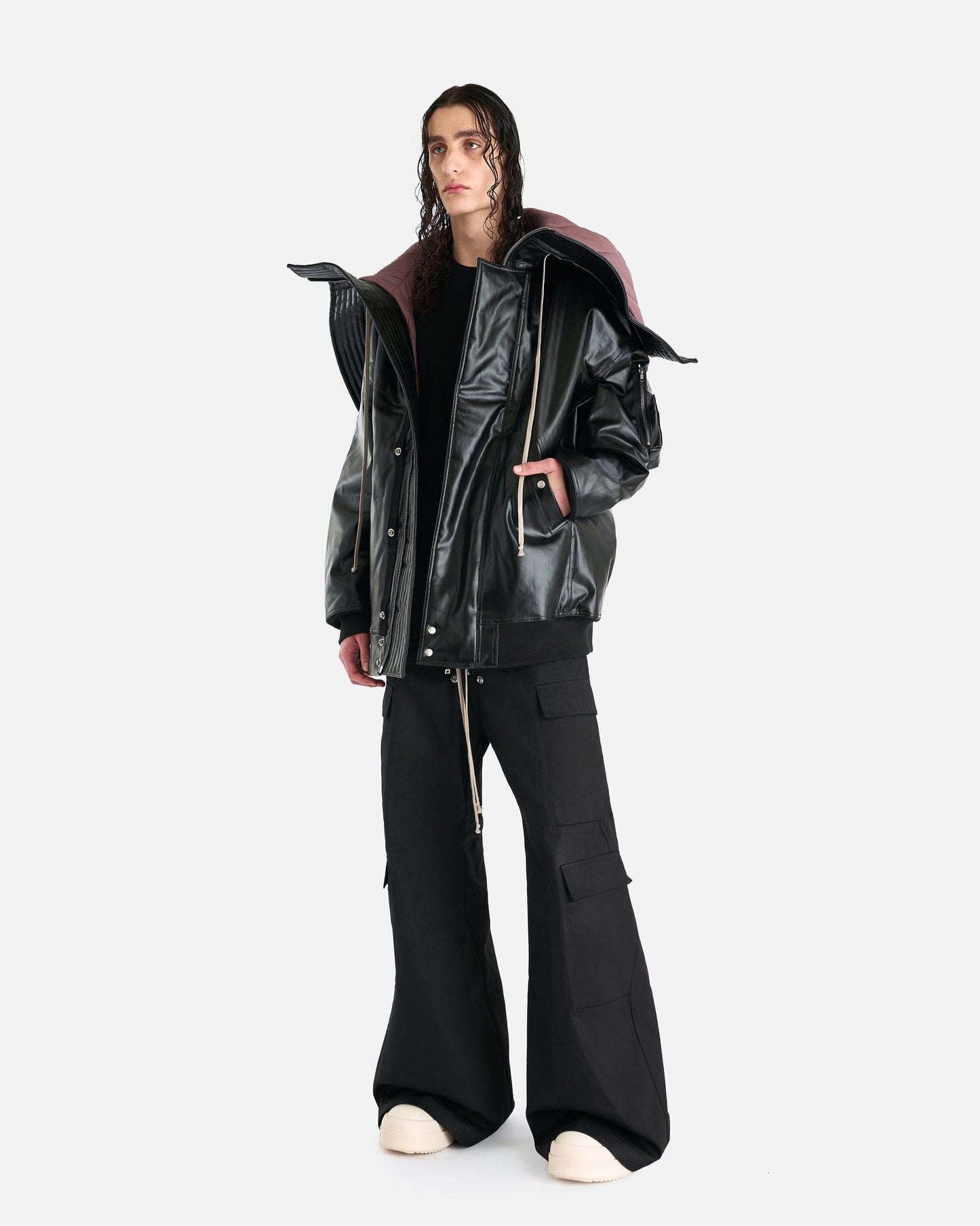 Rick Owens DRKSHDW Men's Jackets Denim Hooded Long Bomber in Black/Mauve