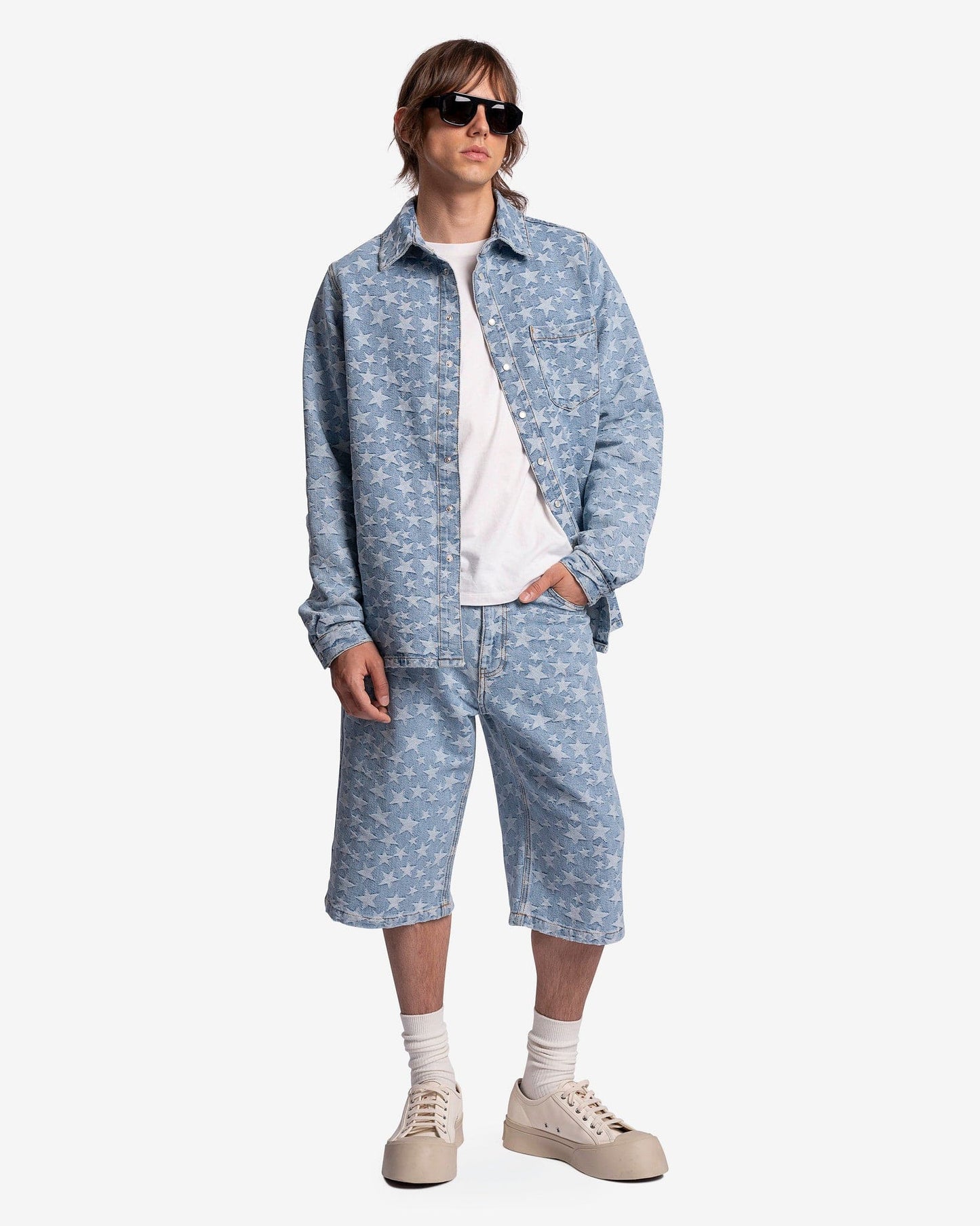 ERL Men's Shorts Denim Jacquard Woven Shorts in Light Blue