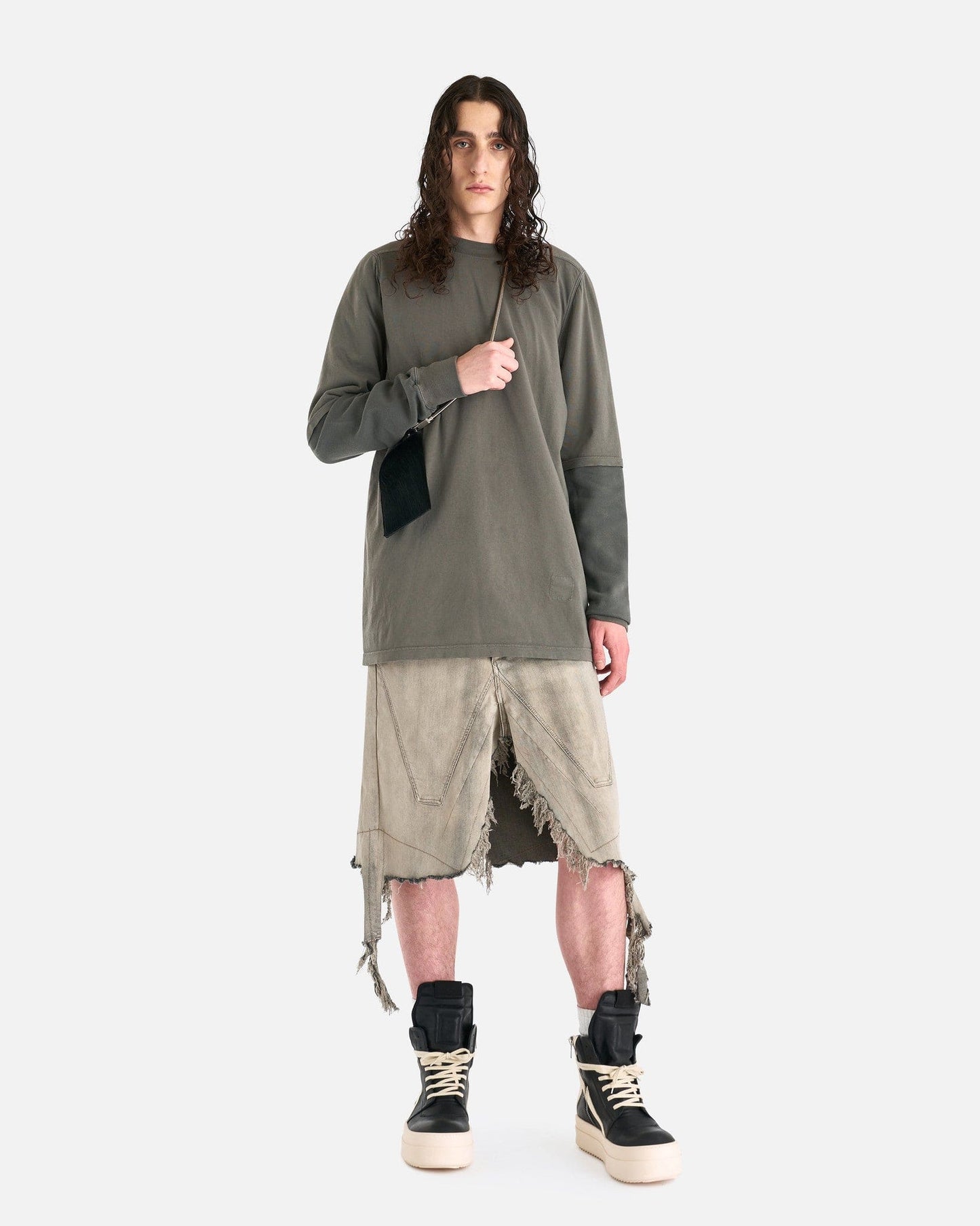 Rick Owens Men's Pants Denim Silvered Skirt in Mineral Fringed