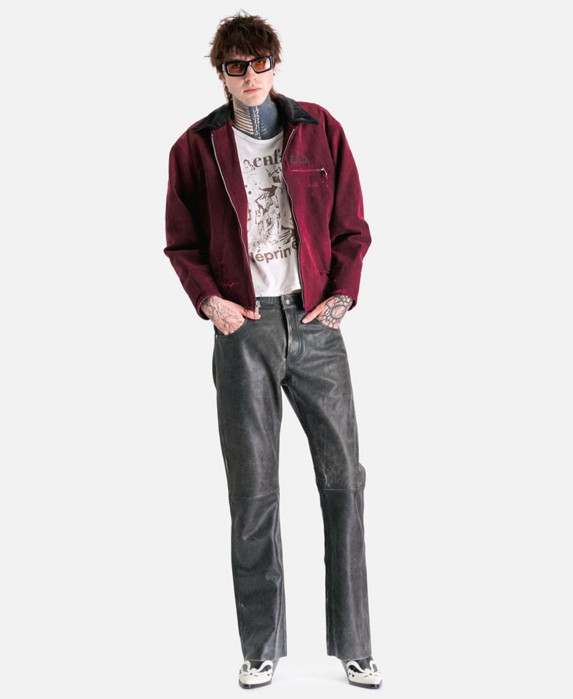 Enfants Riches Deprimes Men's Pants Distressed Raw Hem Leather Flare Jeans in Black/Sand