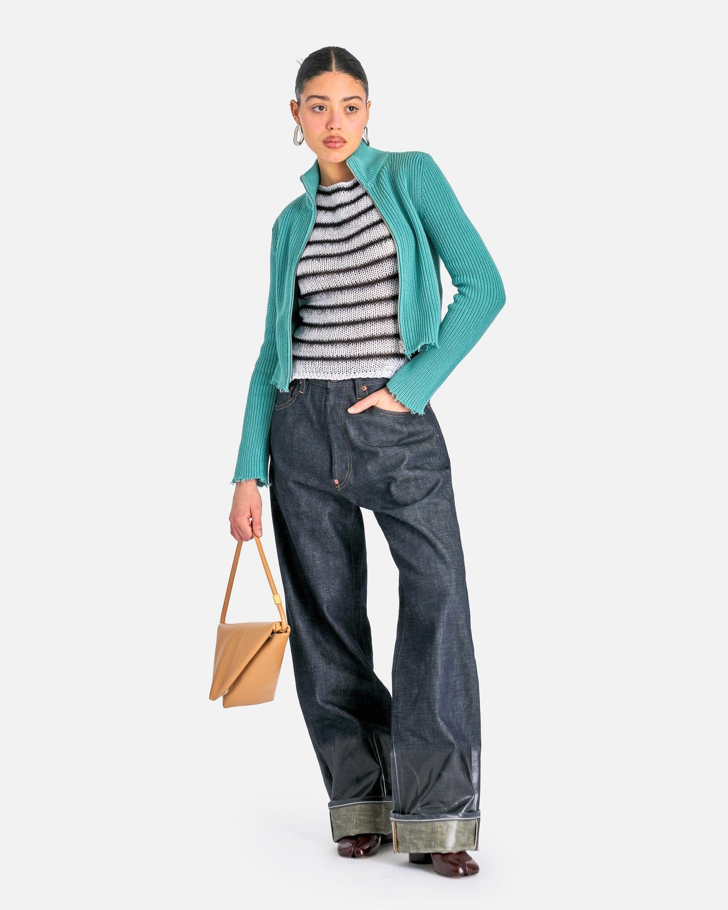 MM6 Maison Margiela Women Jackets Distressed Rib Knit Trucker Jacket in Turquoise