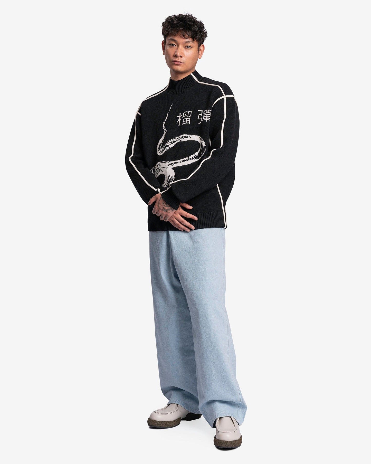 LU'U DAN Men's Sweater Exposed Seam Knit Oversized Jumper in Black/White