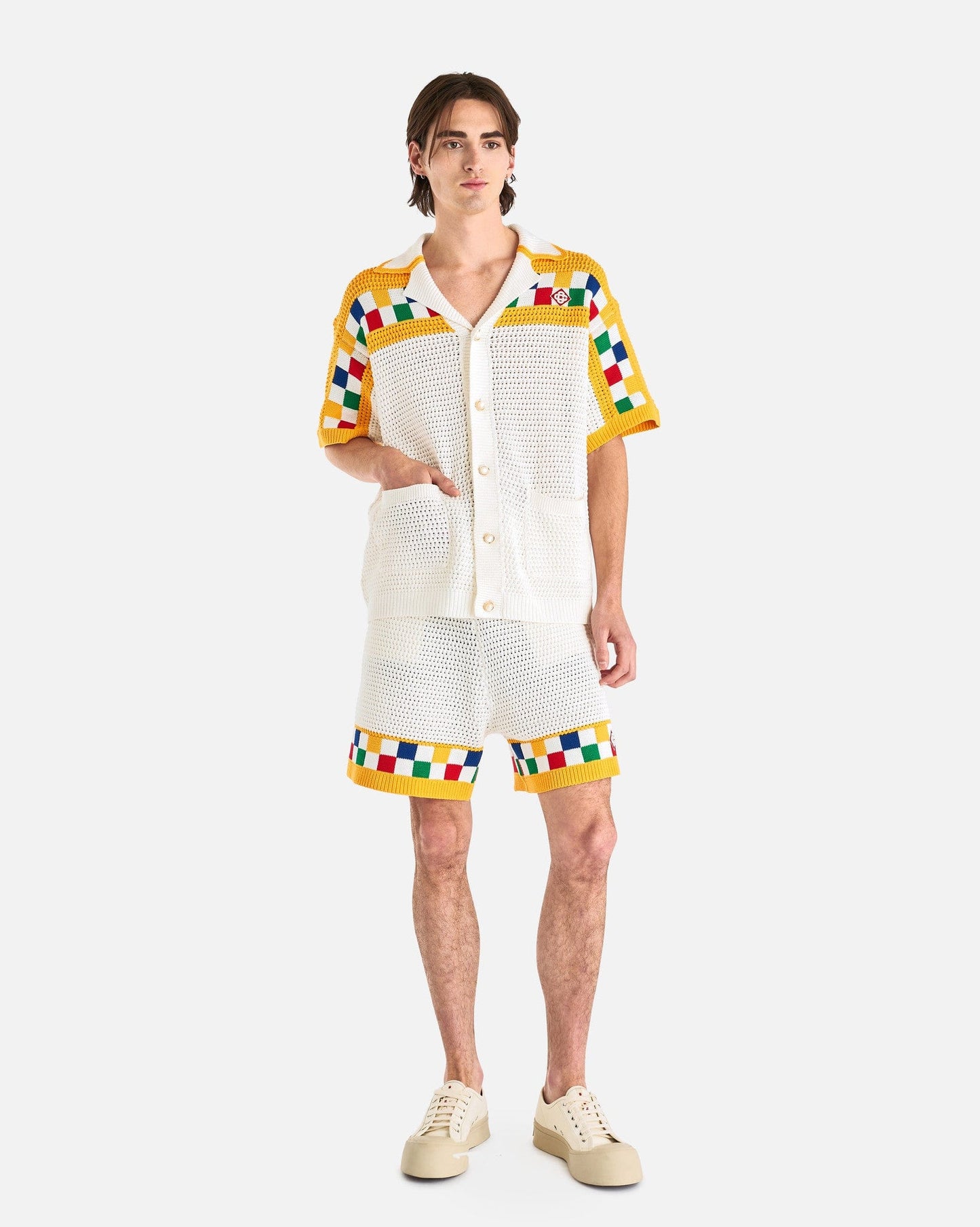 Casablanca Men's Shorts Faux Crochet Shorts in White/Multi