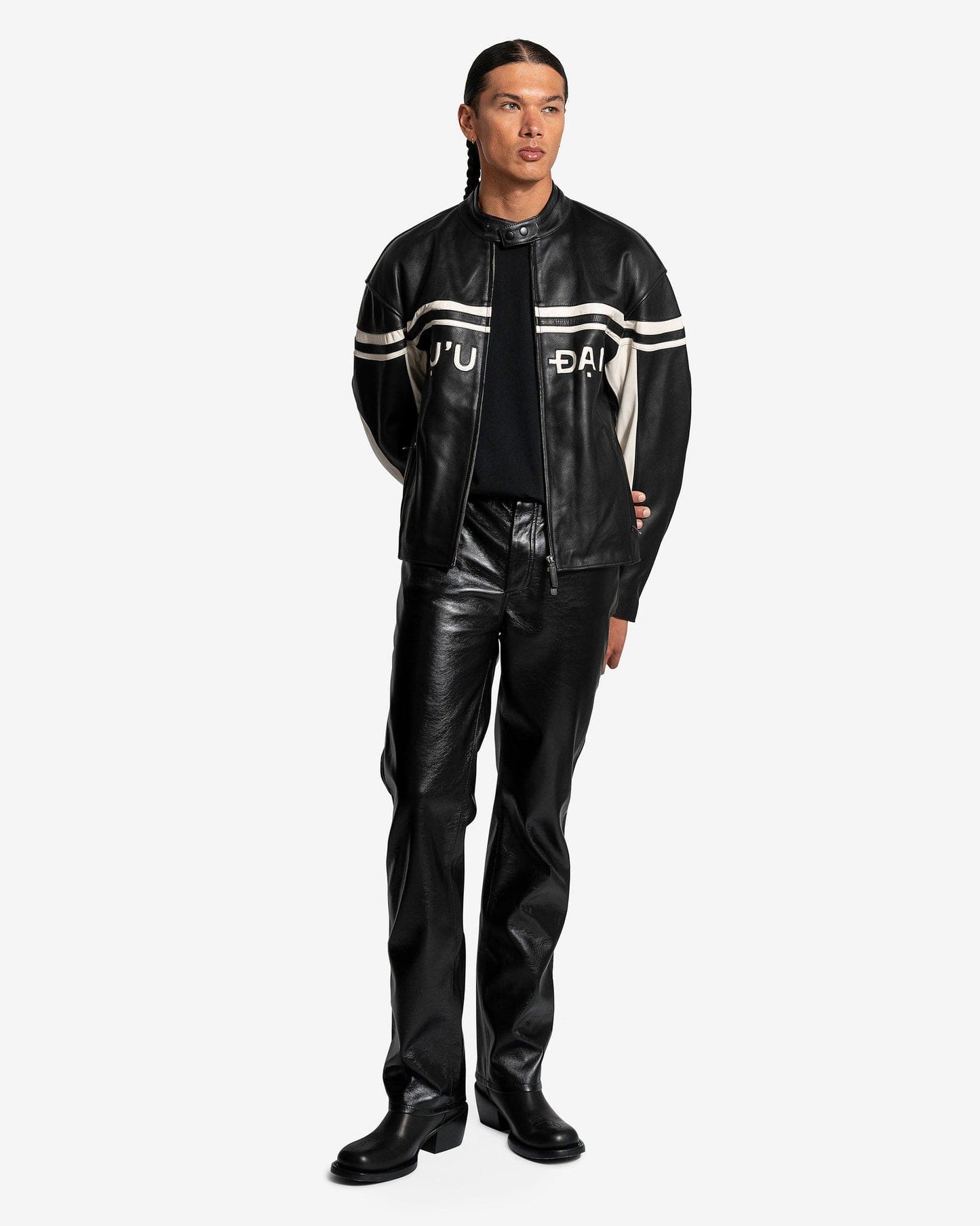 LU'U DAN Men's Pants Faux Leather Straight Leg Pants in Black