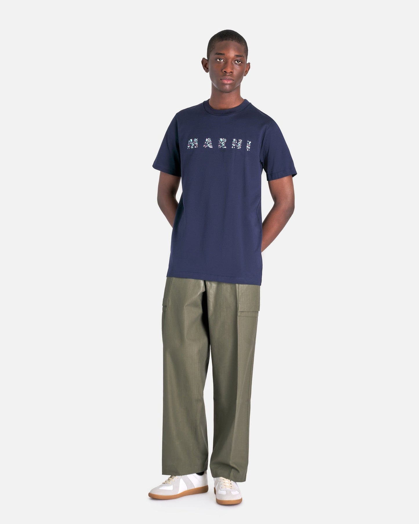 Marni Men's T-Shirts Floral Logo Organic Cotton T-Shirt in BluBlack