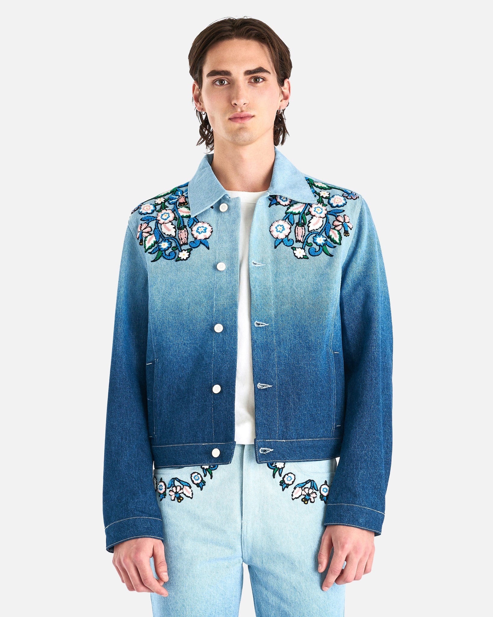 Gradient Floral Embroidery Denim Jacket in Indigo