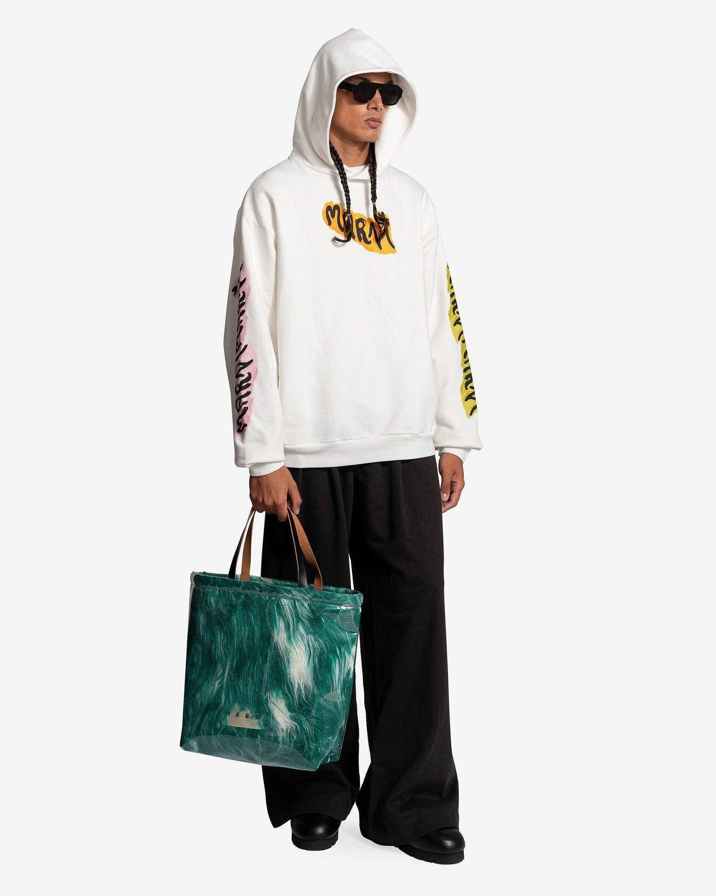 Marni Men's Sweatshirts Graffiti Logo Loopback Hoodie in Natural White