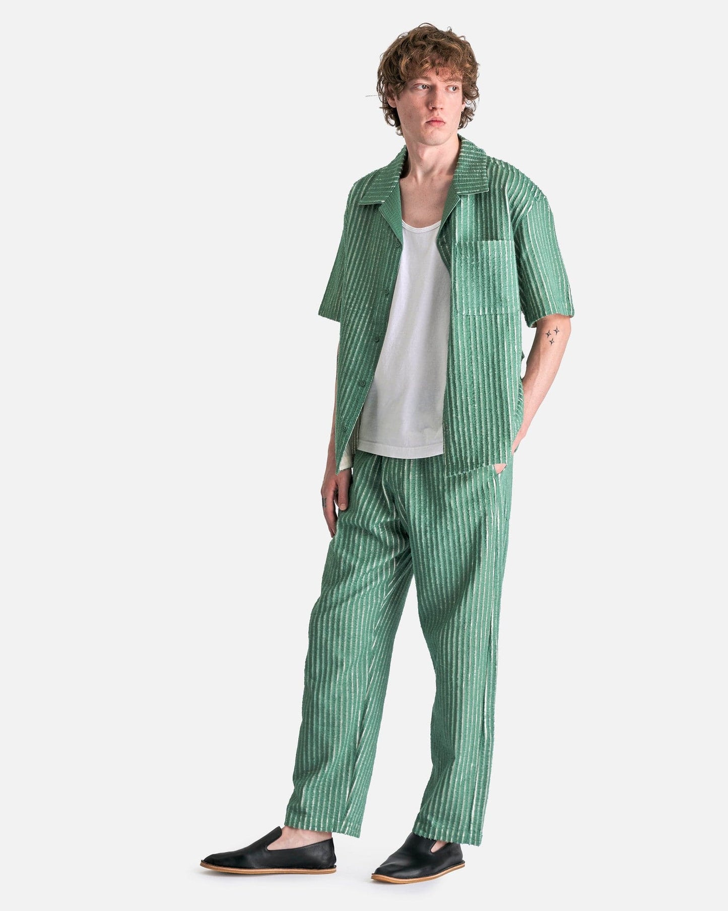Craig Green Men's Pants Hand-Frayed Stripe Trouser in Green/Cream