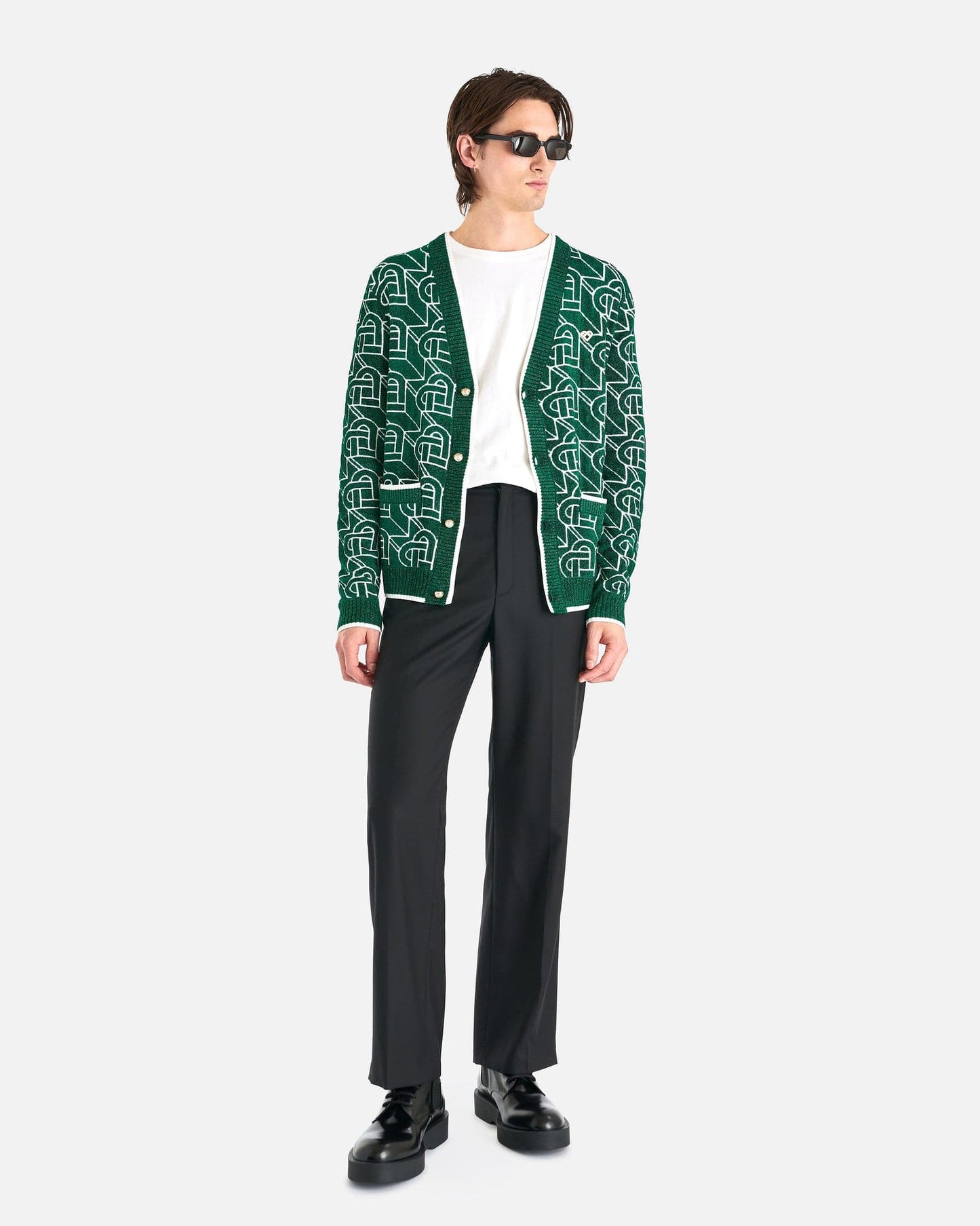 Casablanca Men's Sweater Heart Monogram Knit Cardigan in Green/White