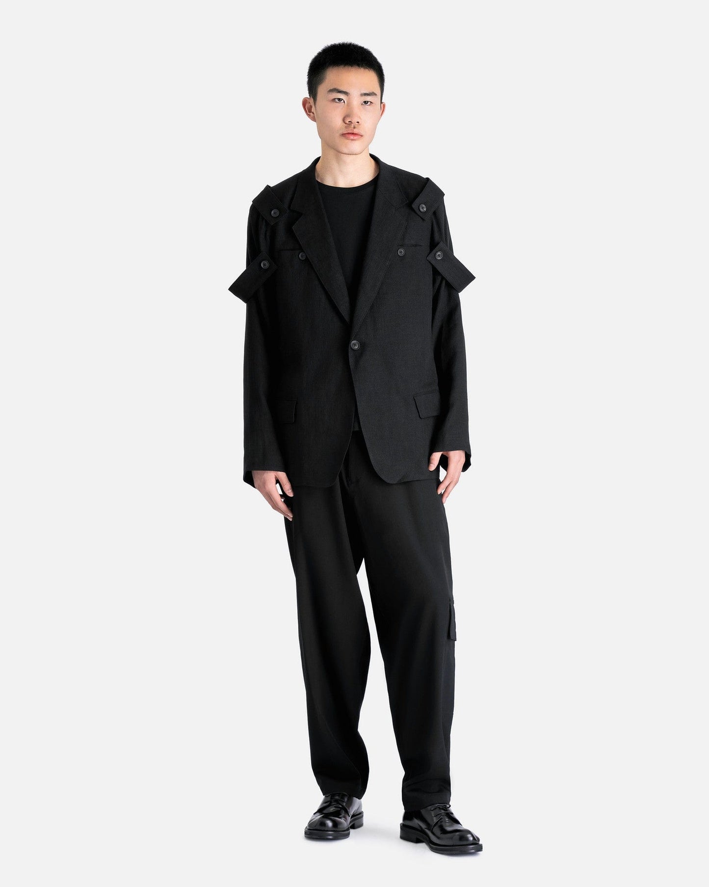 Yohji Yamamoto Pour Homme Men's Jackets J-Single Button Shoulder Epaulet Jacket in Black