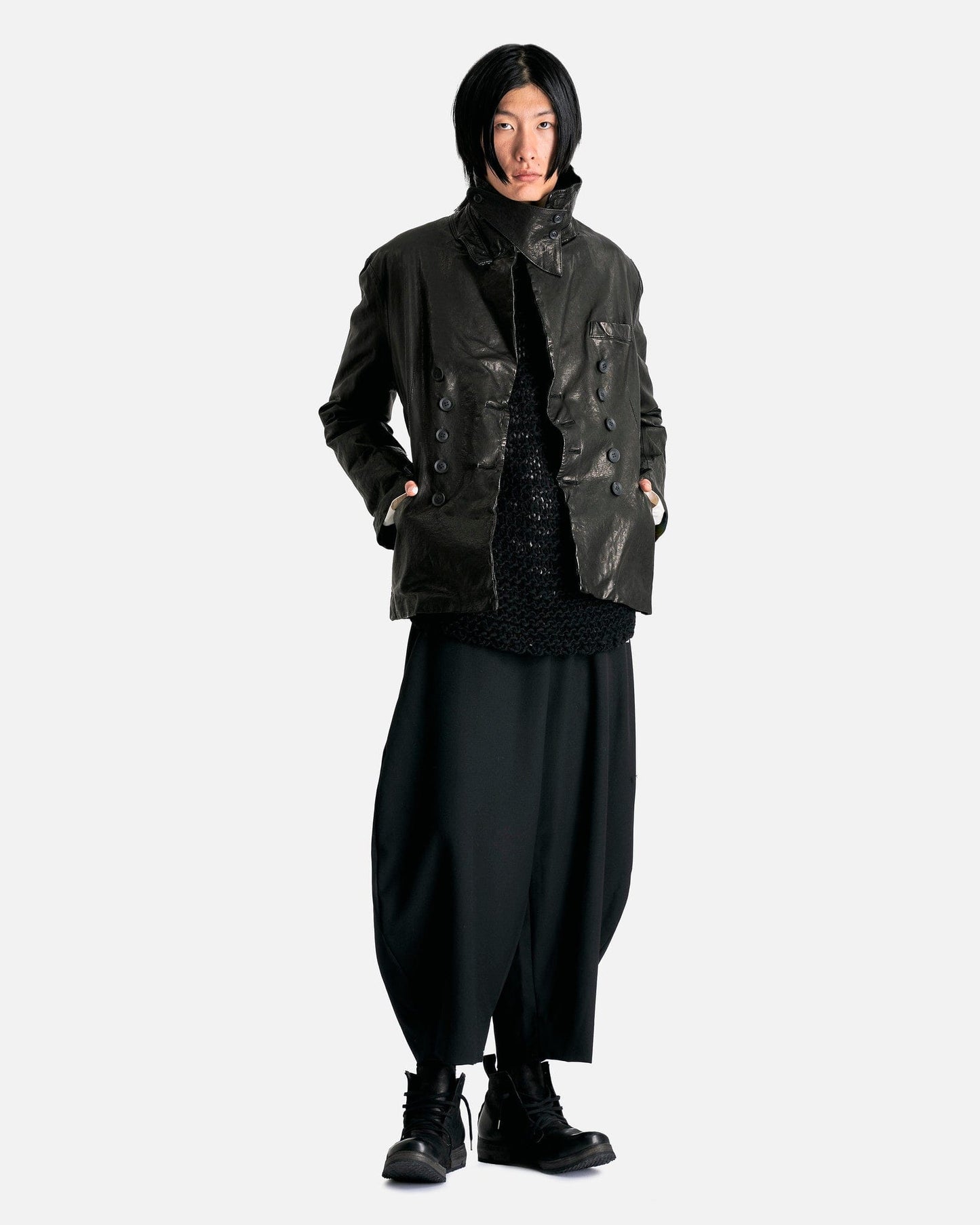 Yohji Yamamoto Pour Homme Men's Coat K-Collar Tab J in Black