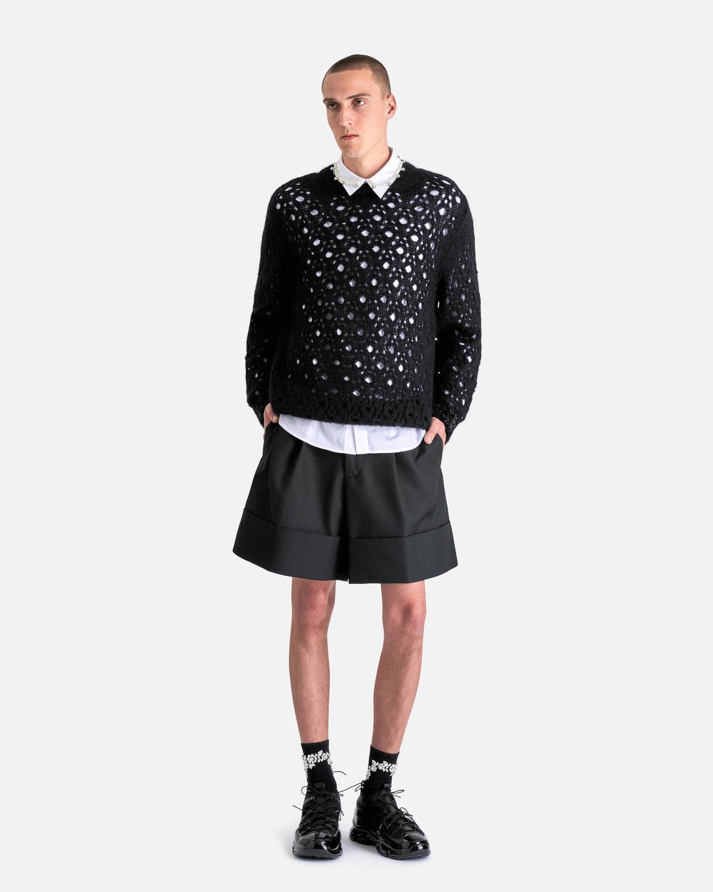 Simone Rocha Men's Sweater Knit Jumper with Tinsel Trim in Light Grey