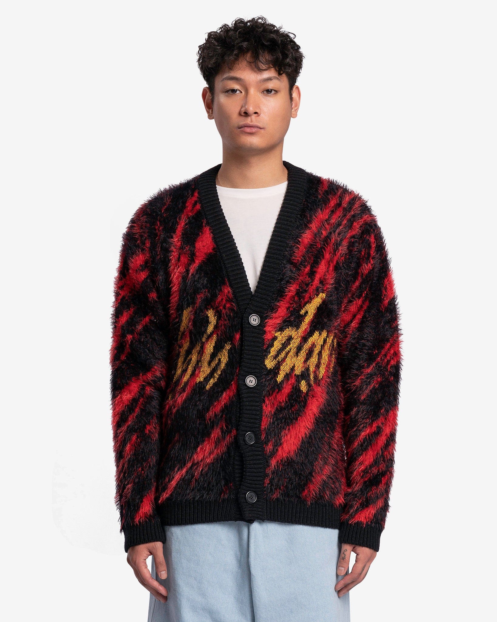 Knit Oversized Mohair Jacquard Cardigan in Black/Red