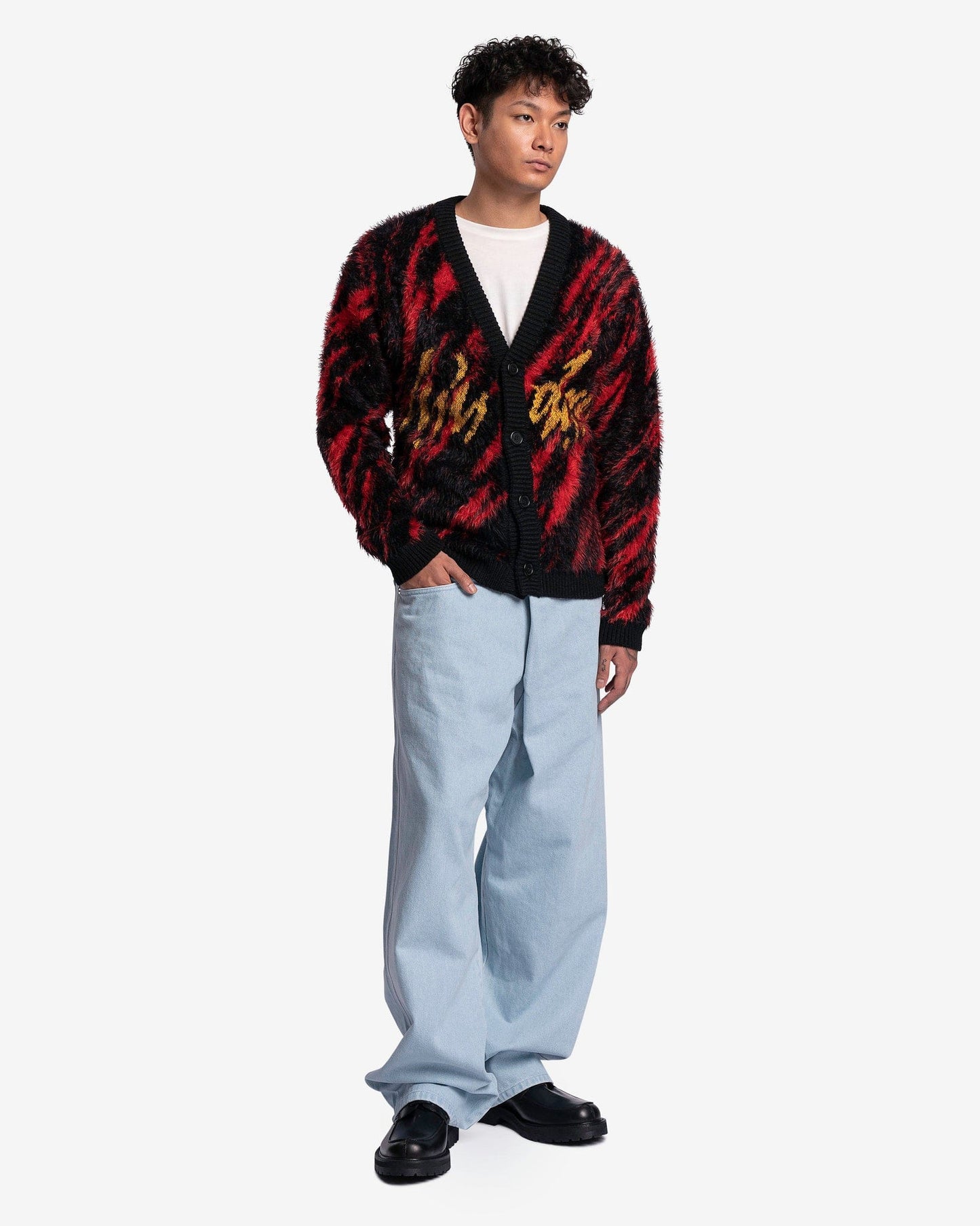 LU'U DAN Men's Sweater Knit Oversized Mohair Jacquard Cardigan in Black/Red