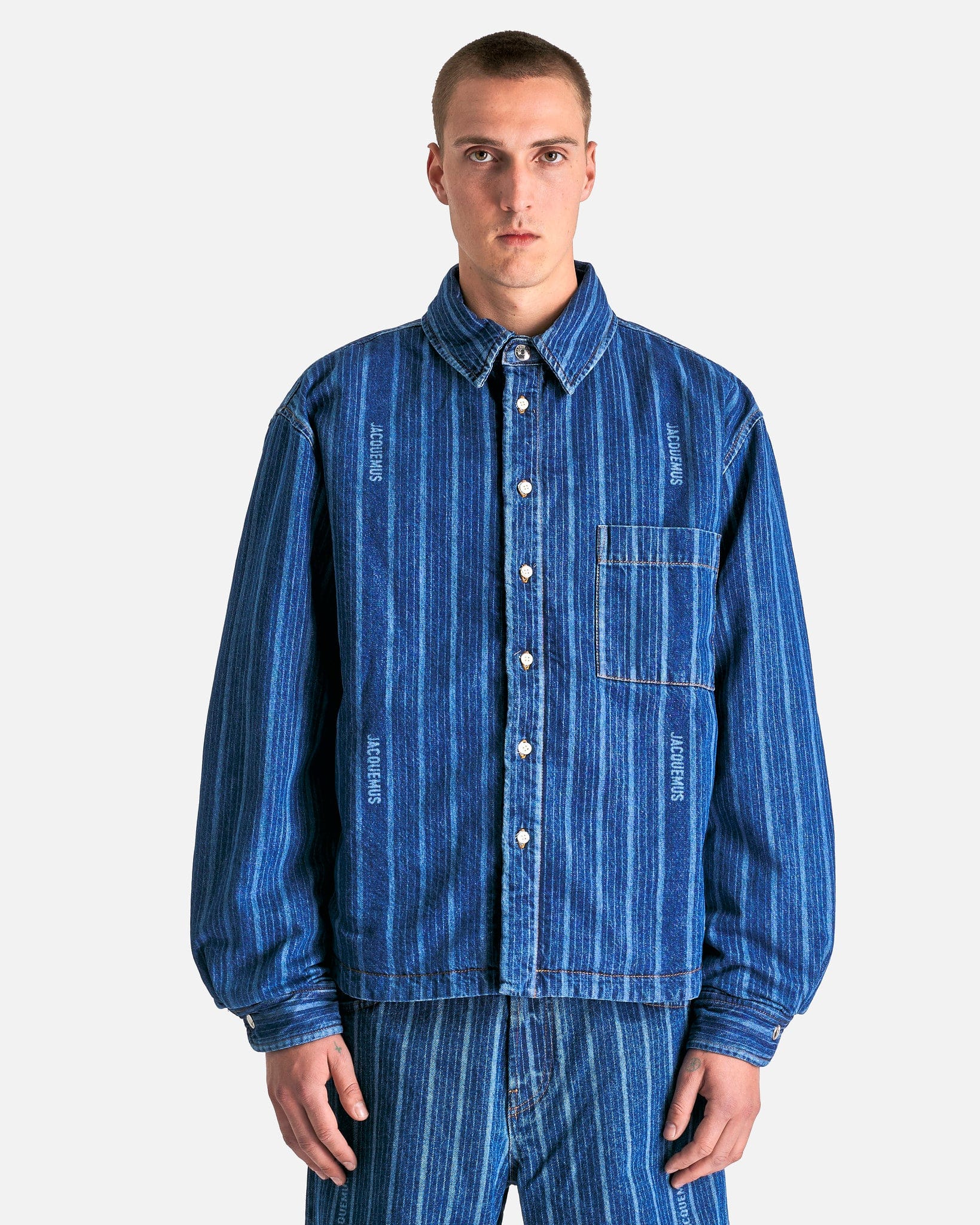 RUMCHE ラムシェ Stripe Cleric Shirt Jacket La Chemise Boulanger in Print Blue Stripe – SVRN