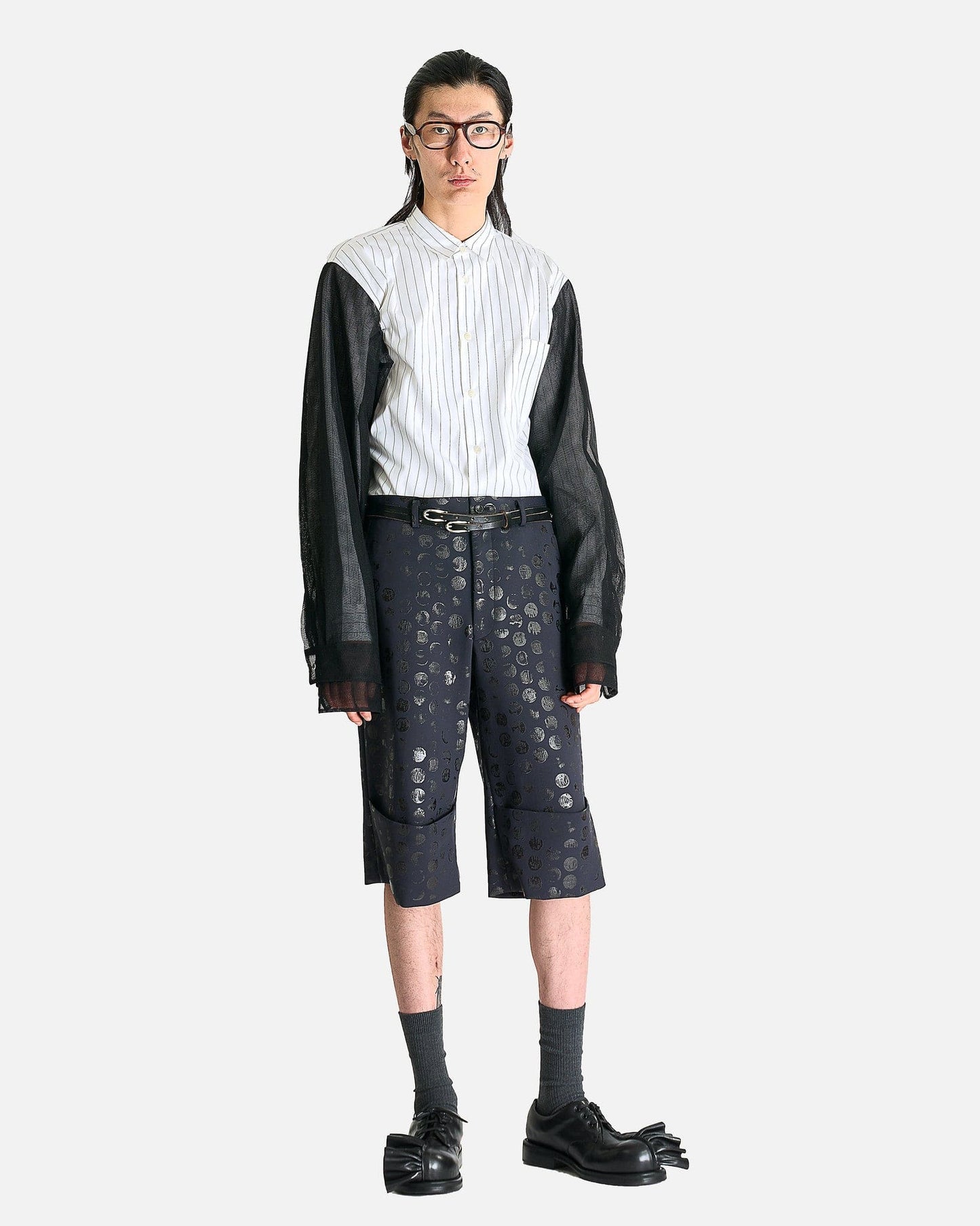 Comme des Garcons HOMME PLUS Men's Shirts Layered Striped Long Sleeve Button Up in White/Black