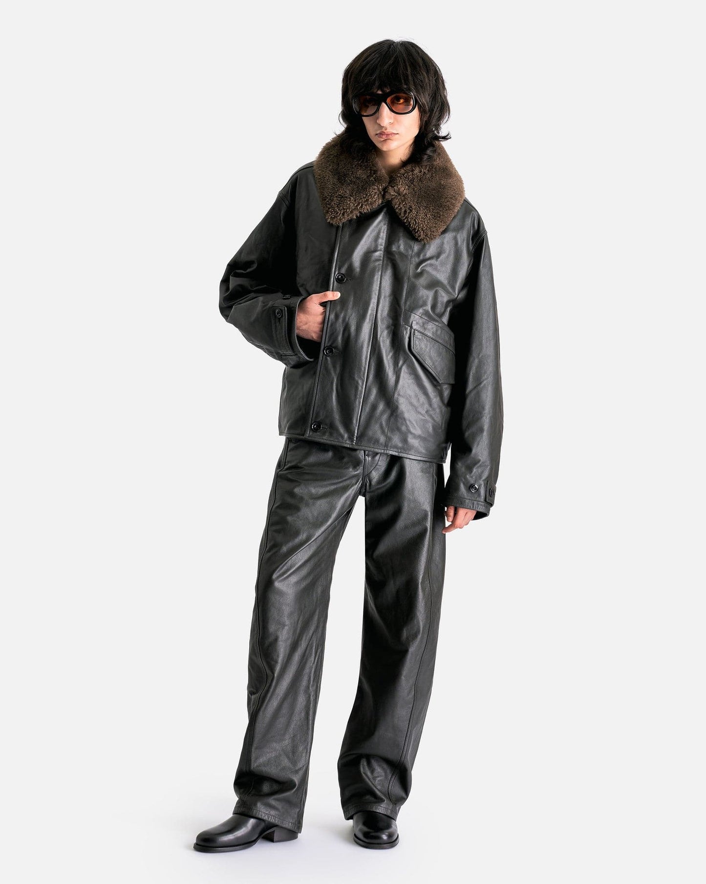 LEMAIRE Men's Pants Leather Belted Twisted Pants in Dark Espresso