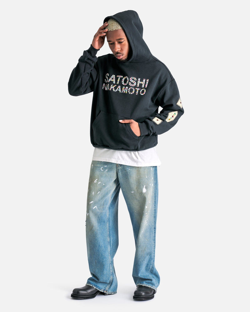Satoshi Nakamoto Men's Sweatshirts Leather Studded Logo Hoodie in Black