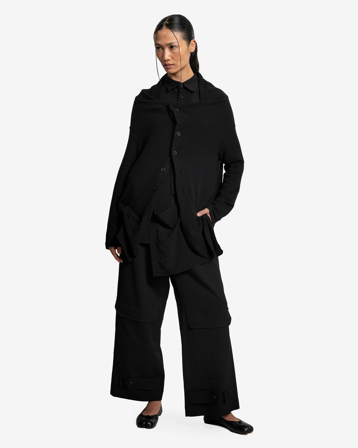 Y's by Yohji Yamamoto Women Sweaters M-Ruffled Front Sleeve Cardigan in Black