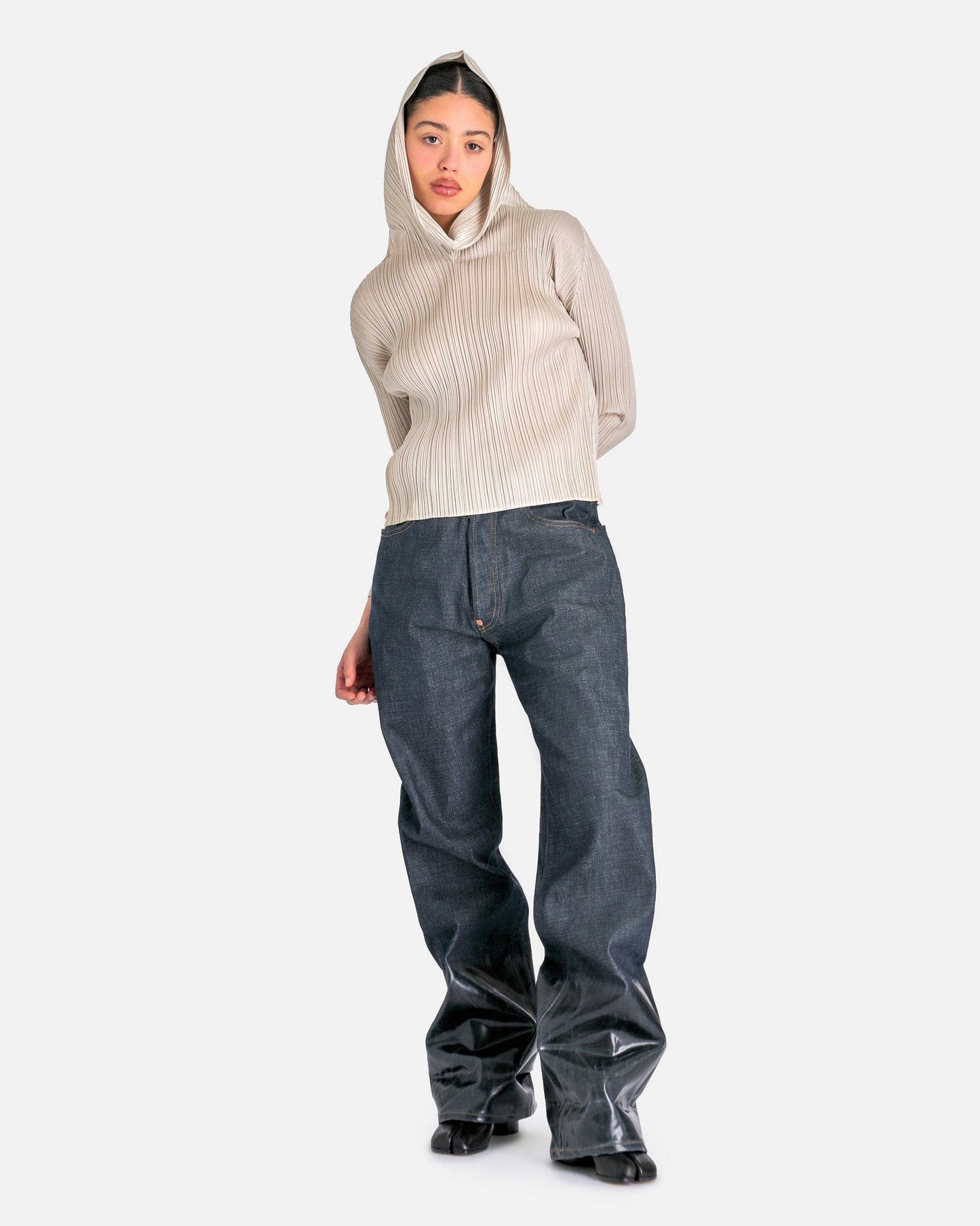 Pleats Please Issey Miyake Women Tops Monthly Colors September Hooded Neckline Shirt in Greige