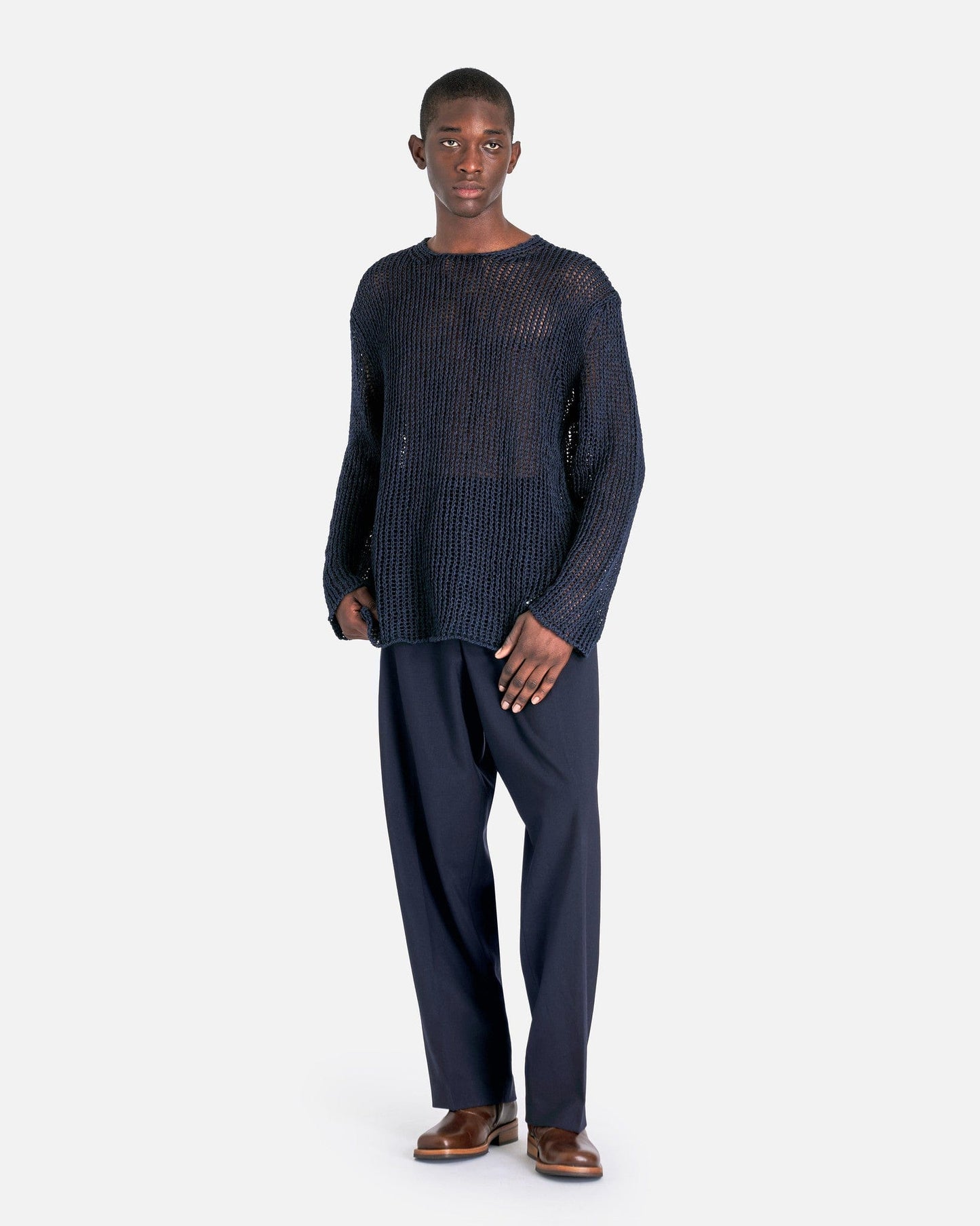 Jil Sander Men's Sweater Mouline Open Cotton Knit Jumper in Navy