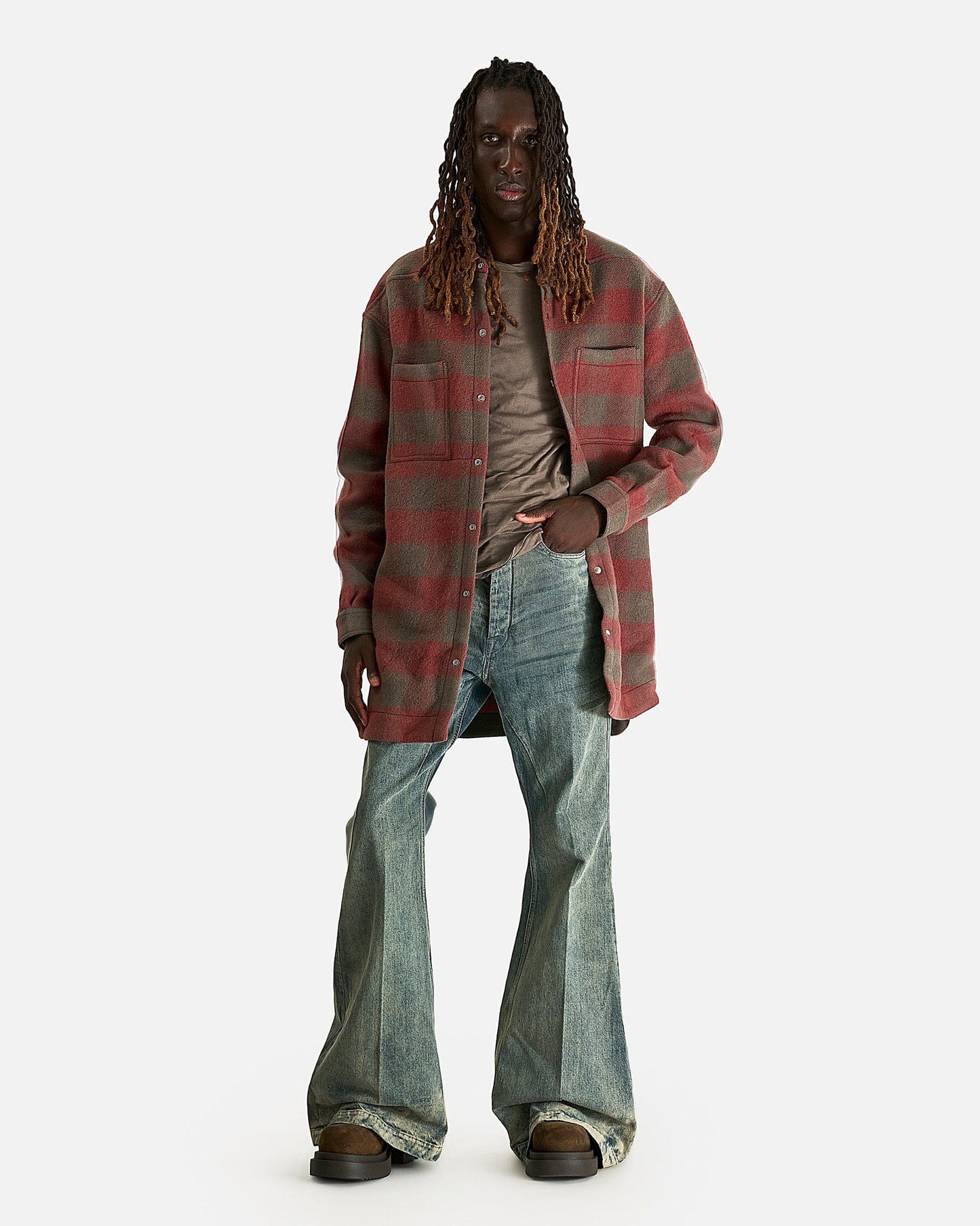 Rick Owens Men's Shirts Oversized Outershirt in Rosewood Plaid