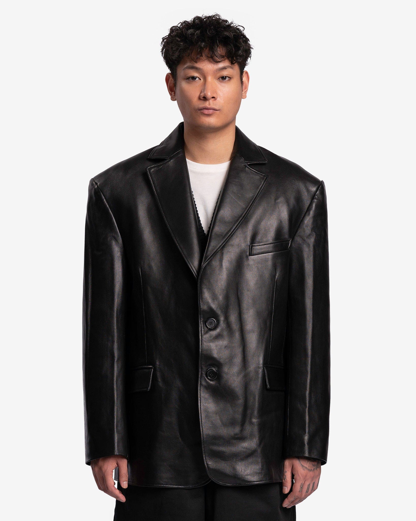 Oversized Tailored Leather Suit Jacket in Black - Main Image