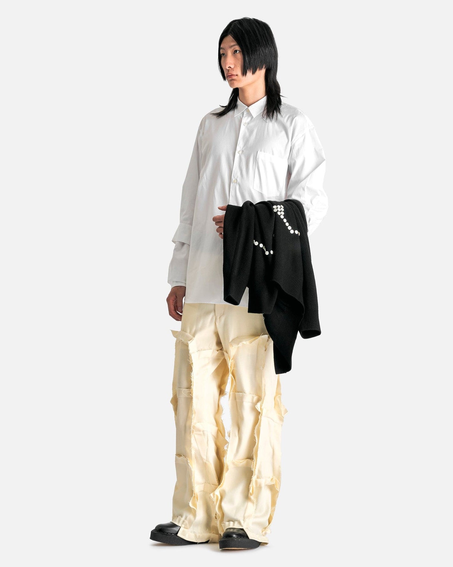 Comme des Garcons HOMME PLUS Men's Pants Paneled Wool-Blend Pants in Cream