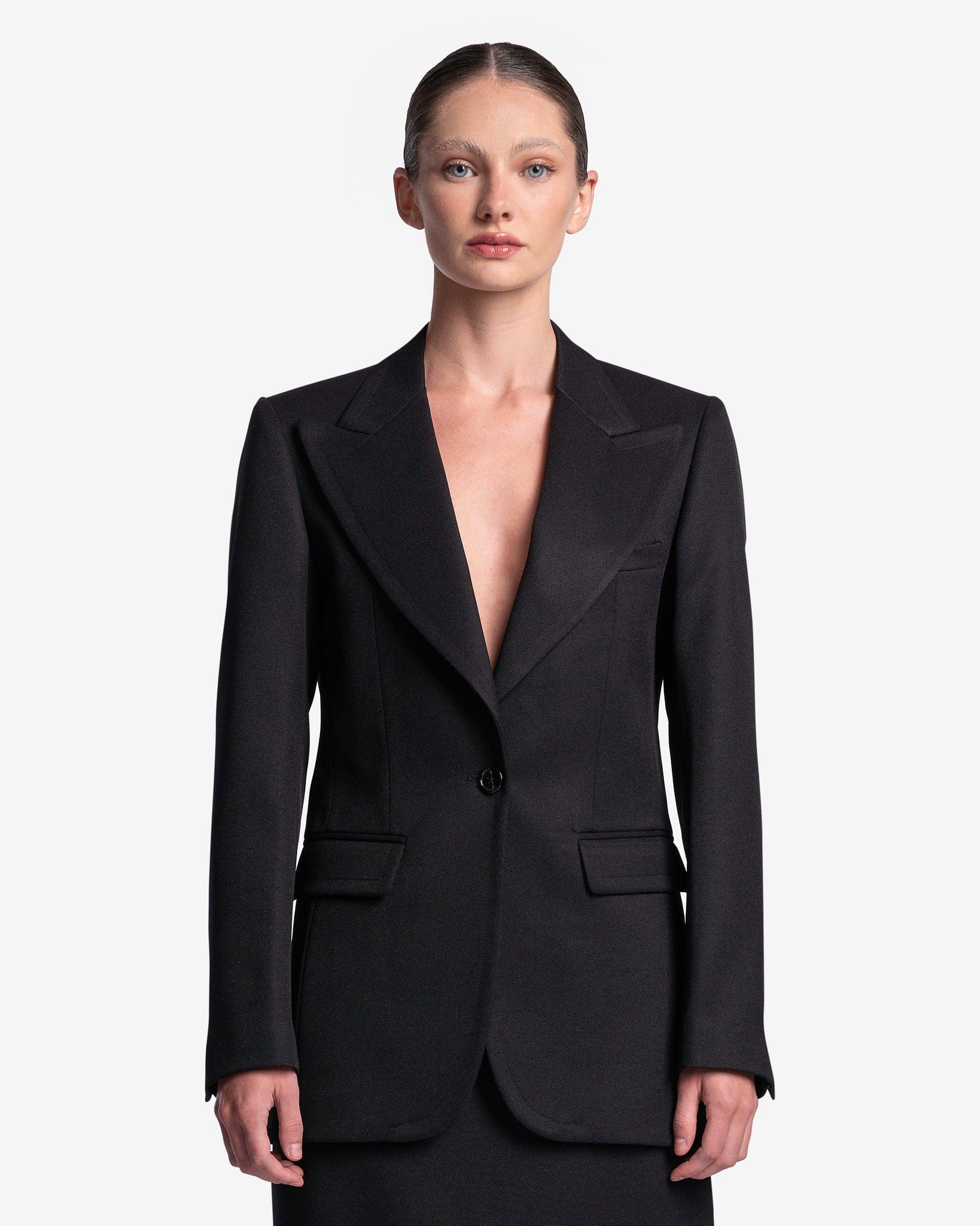 Peak Lapel Fitted Blazer in Black - Main Image