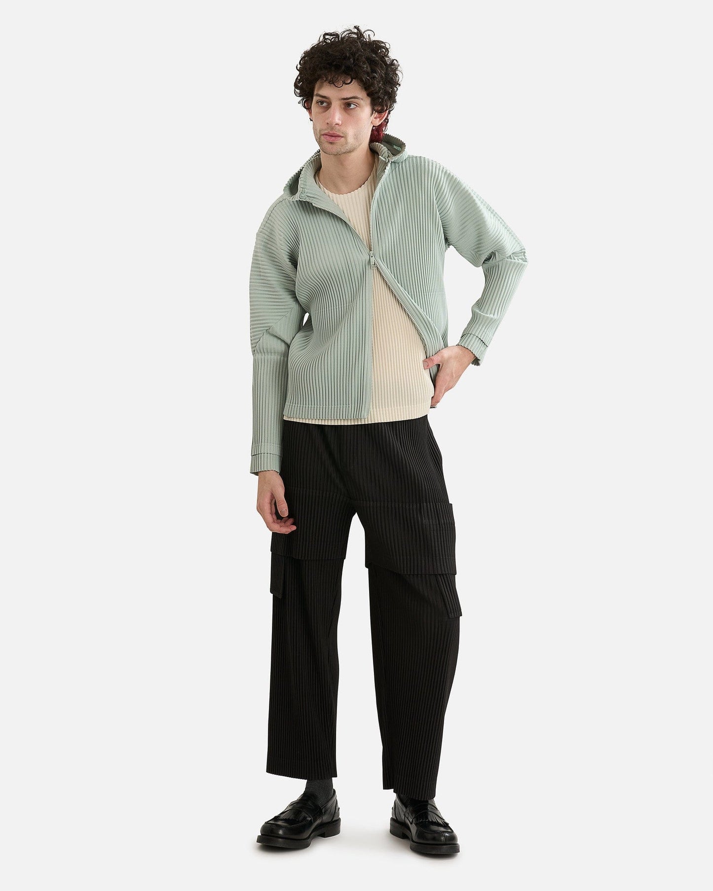 Homme Plissé Issey Miyake Men's Jackets Pleated Hooded Jacket in Sericite Blue